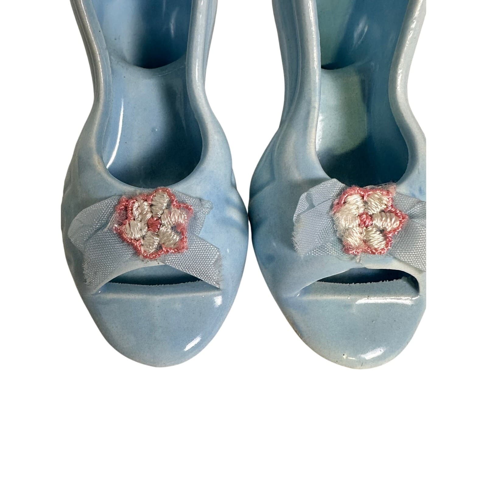 Pair Vintage Baby Blue Ceramic Open Toe High Heel Miniature Shoes - Thumbnail 6