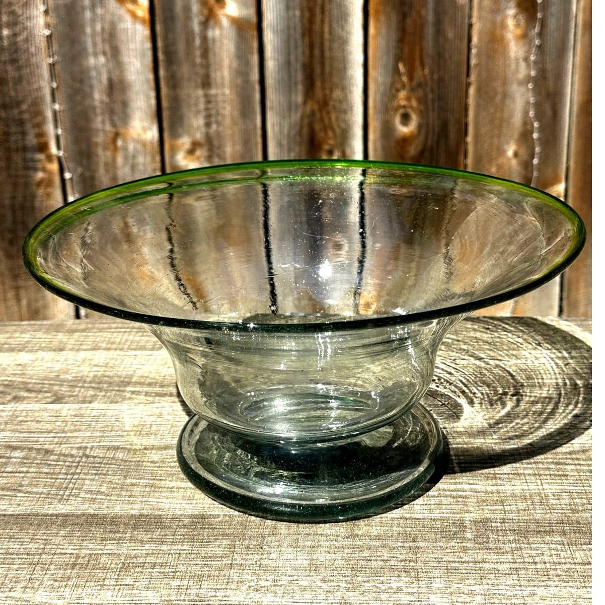 Mid-Century Vintage Hand Blown Seeded Green Rim 11" Presentation Bowl-Stunning - Thumbnail 2