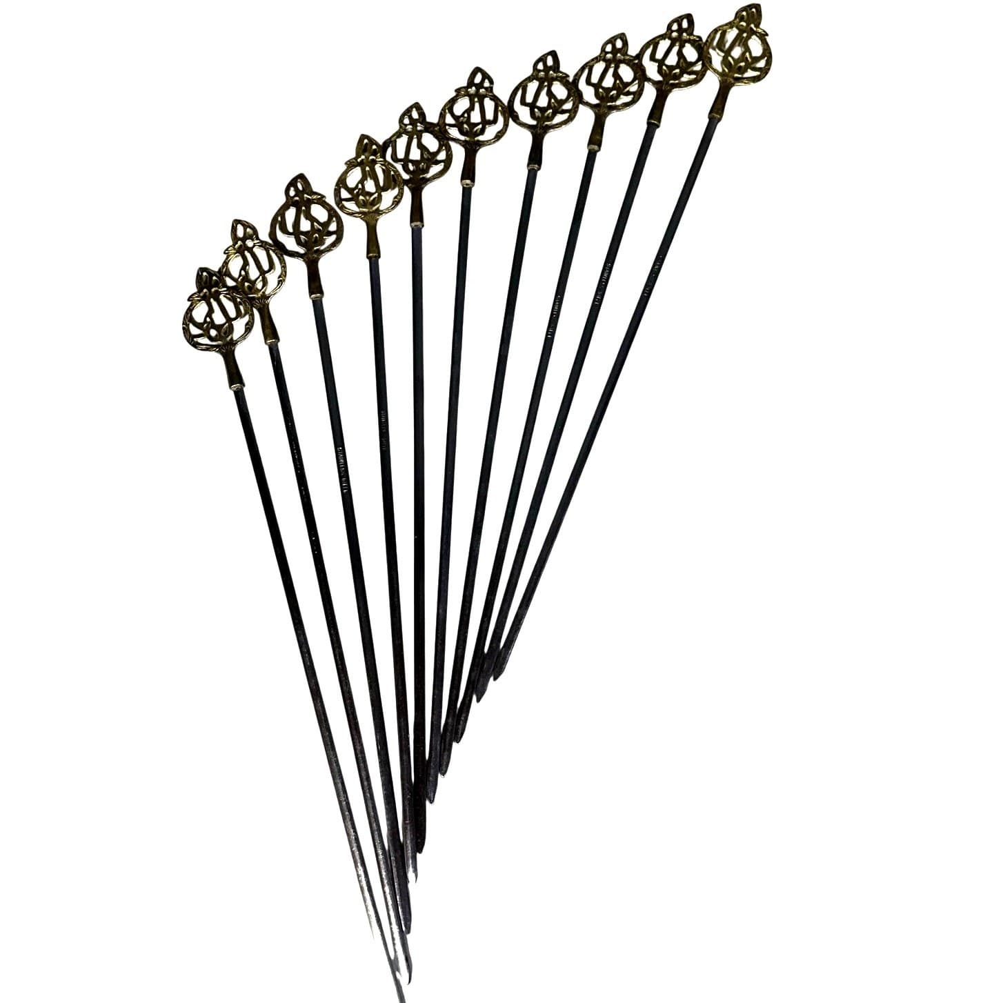 Turkish Shish Kebab Ornate Brass Handled Stainless Steel 13" Skewers-Set of 10