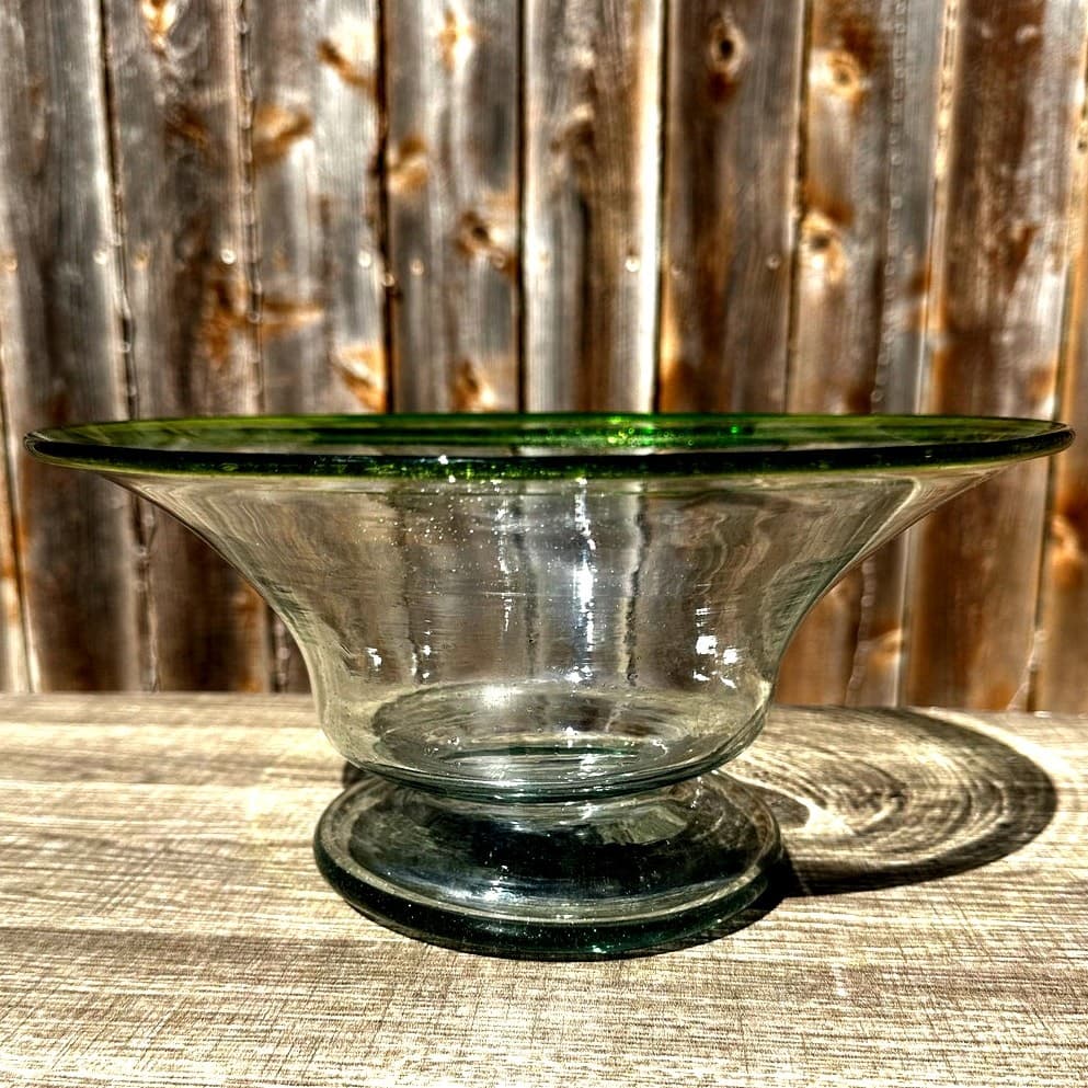 Mid-Century Vintage Hand Blown Seeded Green Rim 11" Presentation Bowl-Stunning - Thumbnail 3