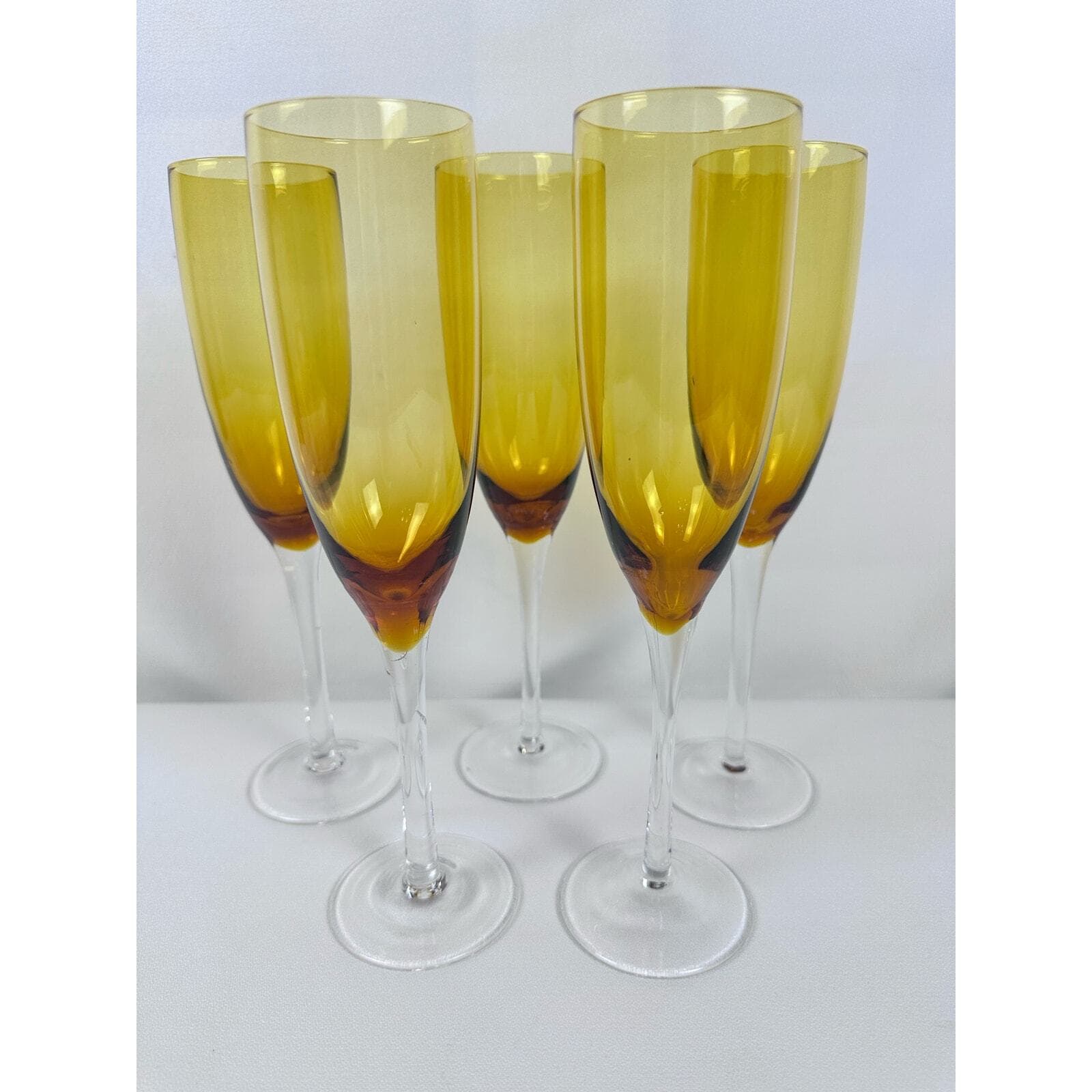 Elegant Amber 10” Champagne Flutes w Clear Stems Set of 5 Excellent Vintage - Thumbnail 2
