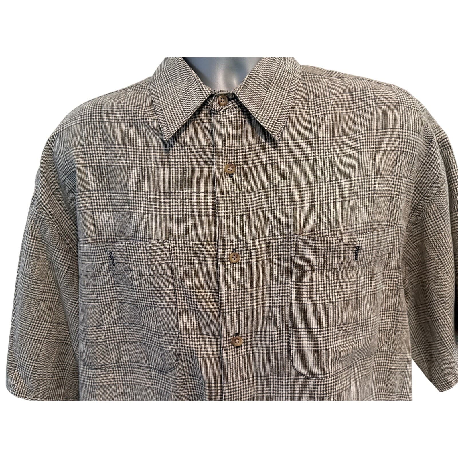 OSCC Mens Large Linen Cotton Plaid Short Sleeve Button Up Shirt Gray Beige - Thumbnail 2