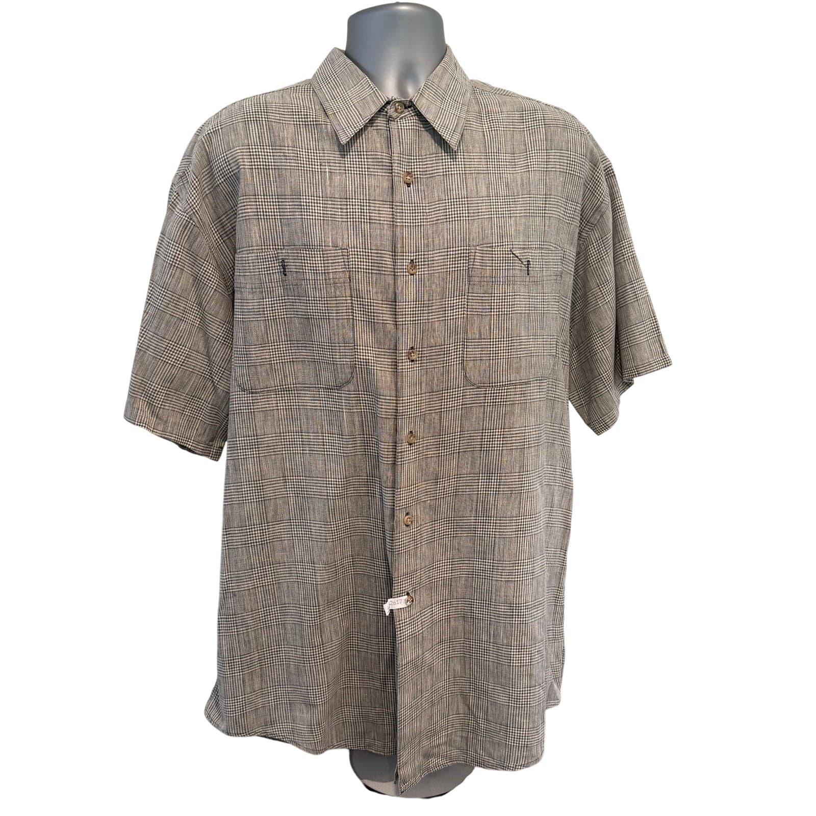 OSCC Mens Large Linen Cotton Plaid Short Sleeve Button Up Shirt Gray Beige