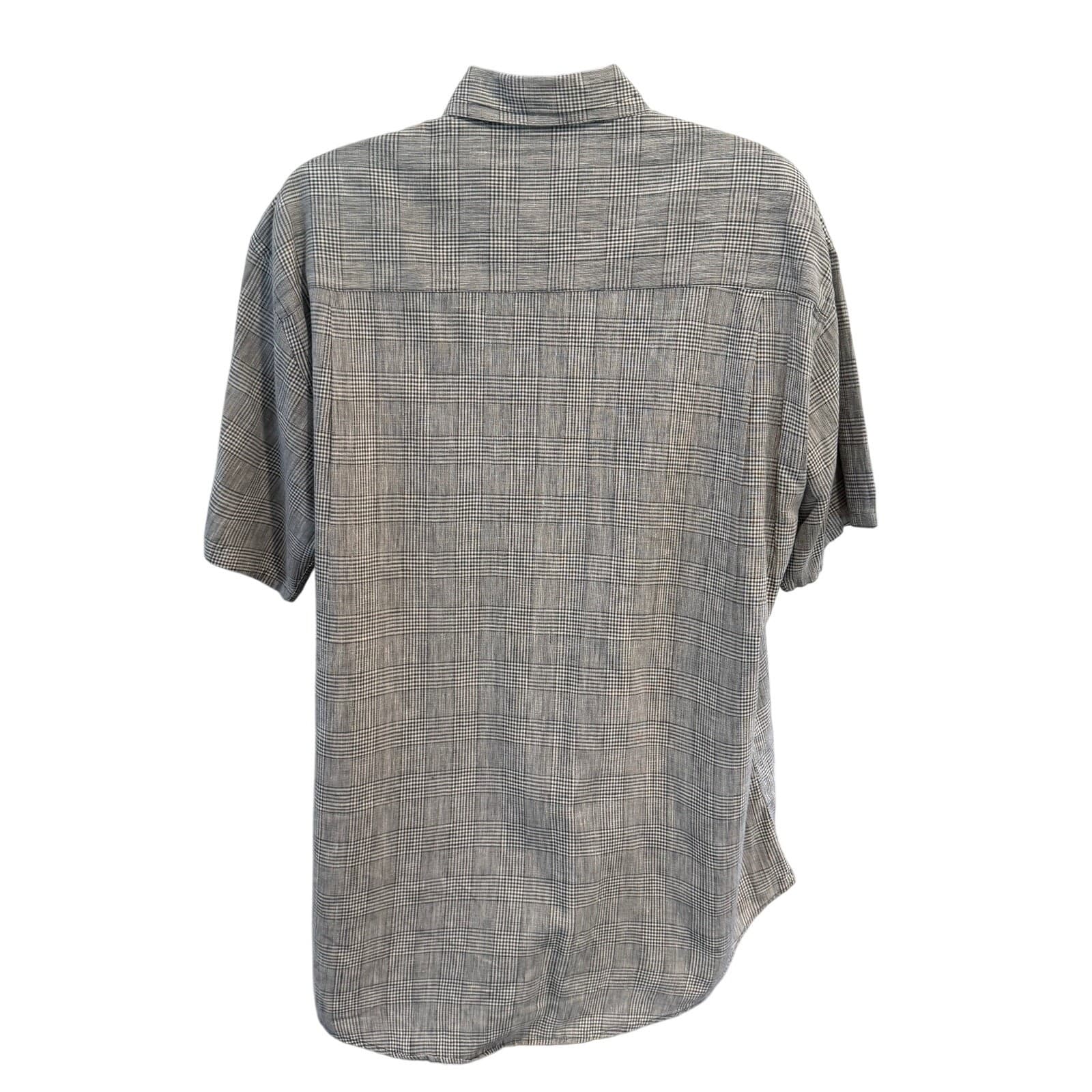 OSCC Mens Large Linen Cotton Plaid Short Sleeve Button Up Shirt Gray Beige - Thumbnail 3