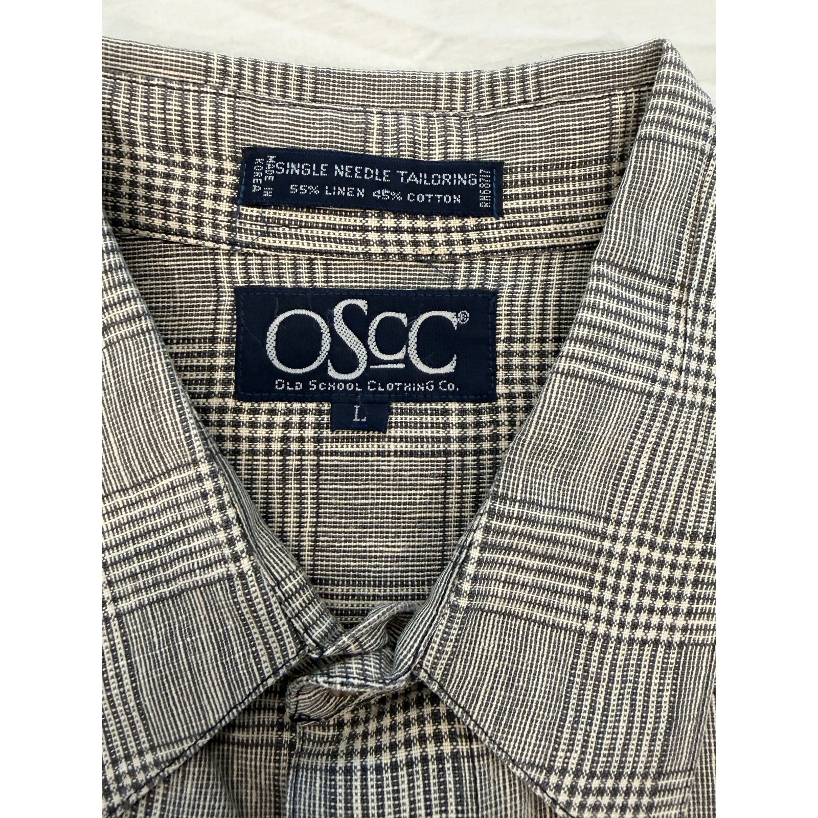 OSCC Mens Large Linen Cotton Plaid Short Sleeve Button Up Shirt Gray Beige - Thumbnail 4