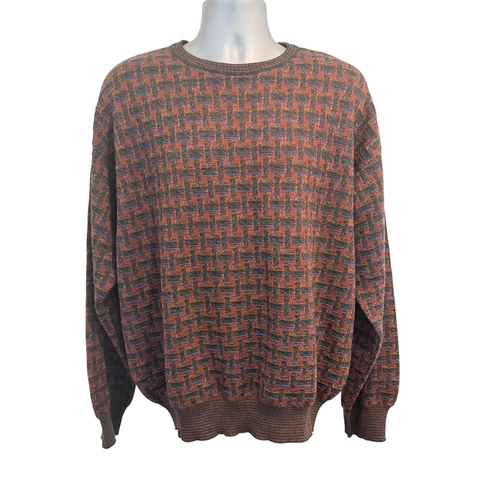 Vintage Neiman Marcus XL Pure Wool Sweater Made in Uruguay Geometric Knit USA