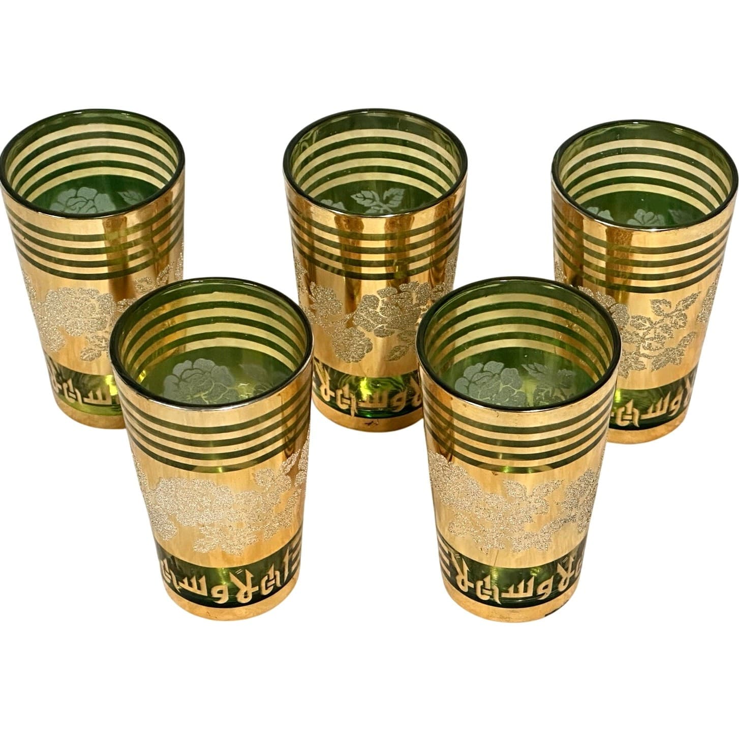Dynasty Crown 1960's Emerald Green Glass Gold Overlay 6 oz Tumblers-Set of 5 - Thumbnail 2