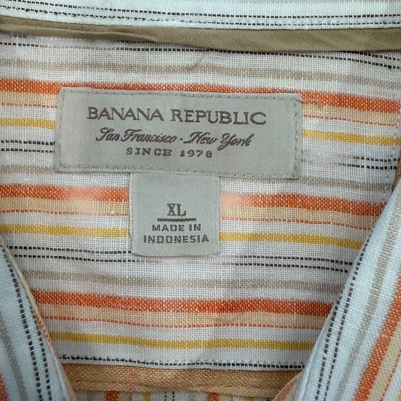 Banana Republic XL Linen Stripe Button Front Shirt Orange Yellow Long Sleeve - Thumbnail 4
