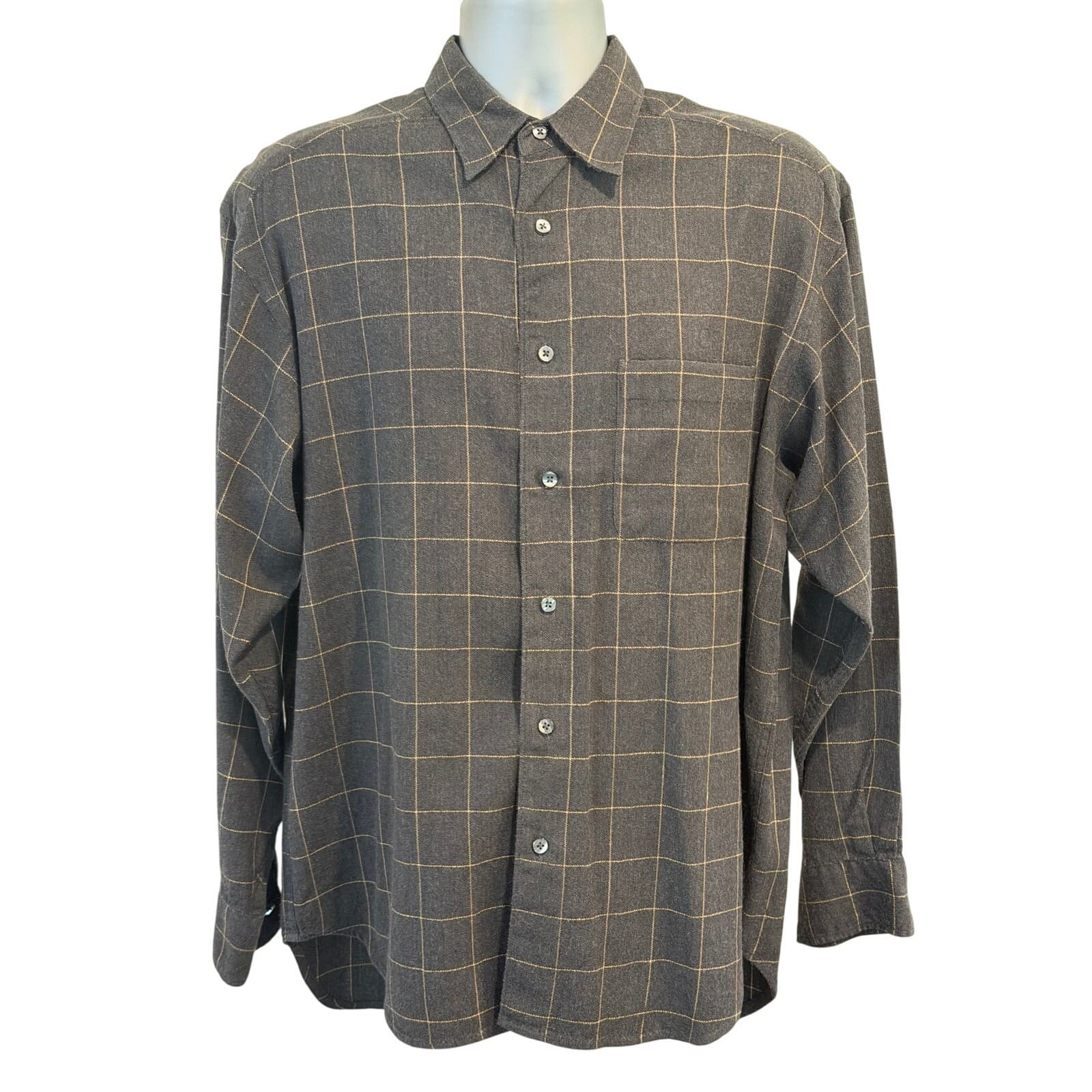 Banana Republic Mens Large Gray Windowpane Flannel Button Front Shirt L