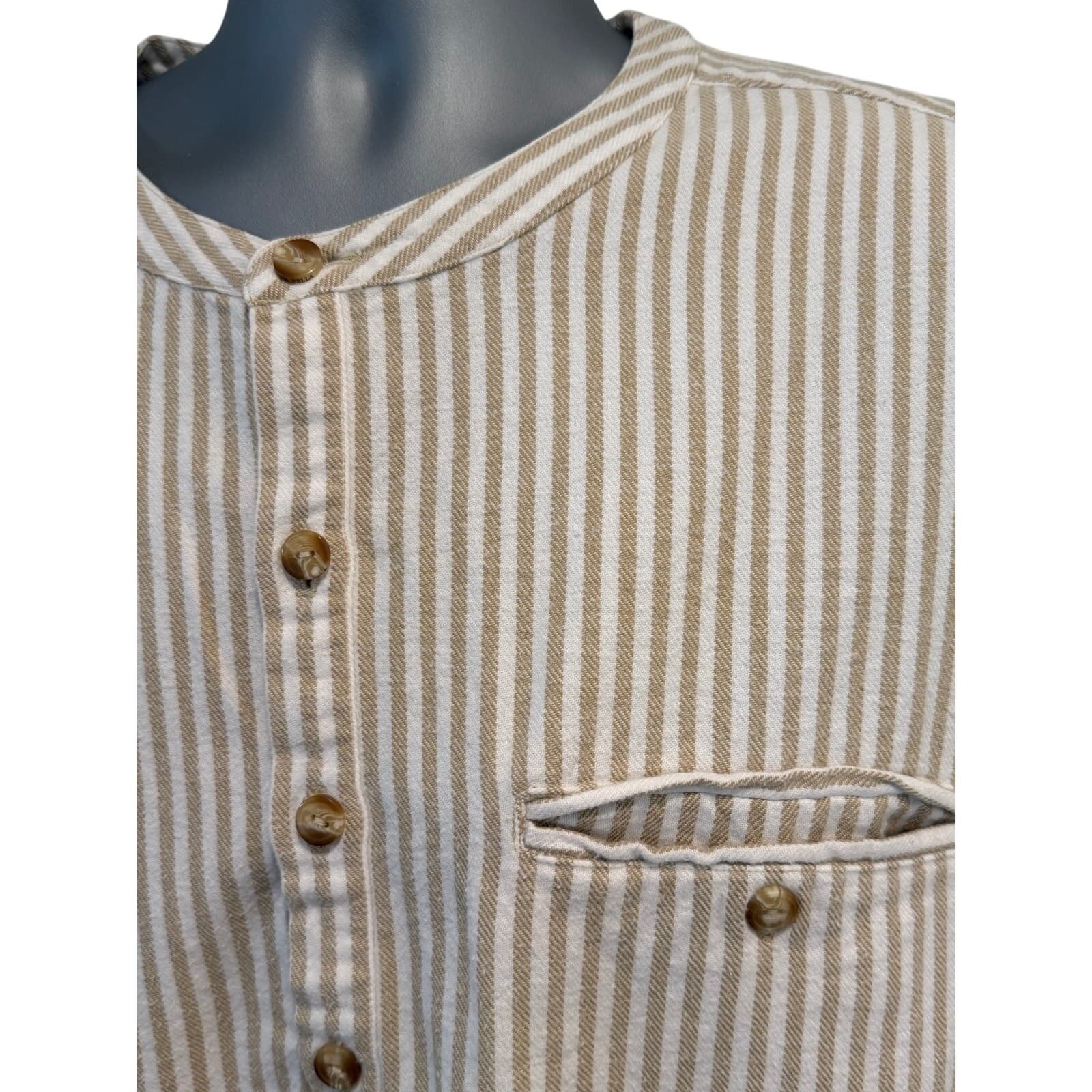 Madda Fella XL Tan White Stripe Long Sleeve Henley Shirt Cotton Key West - Thumbnail 2