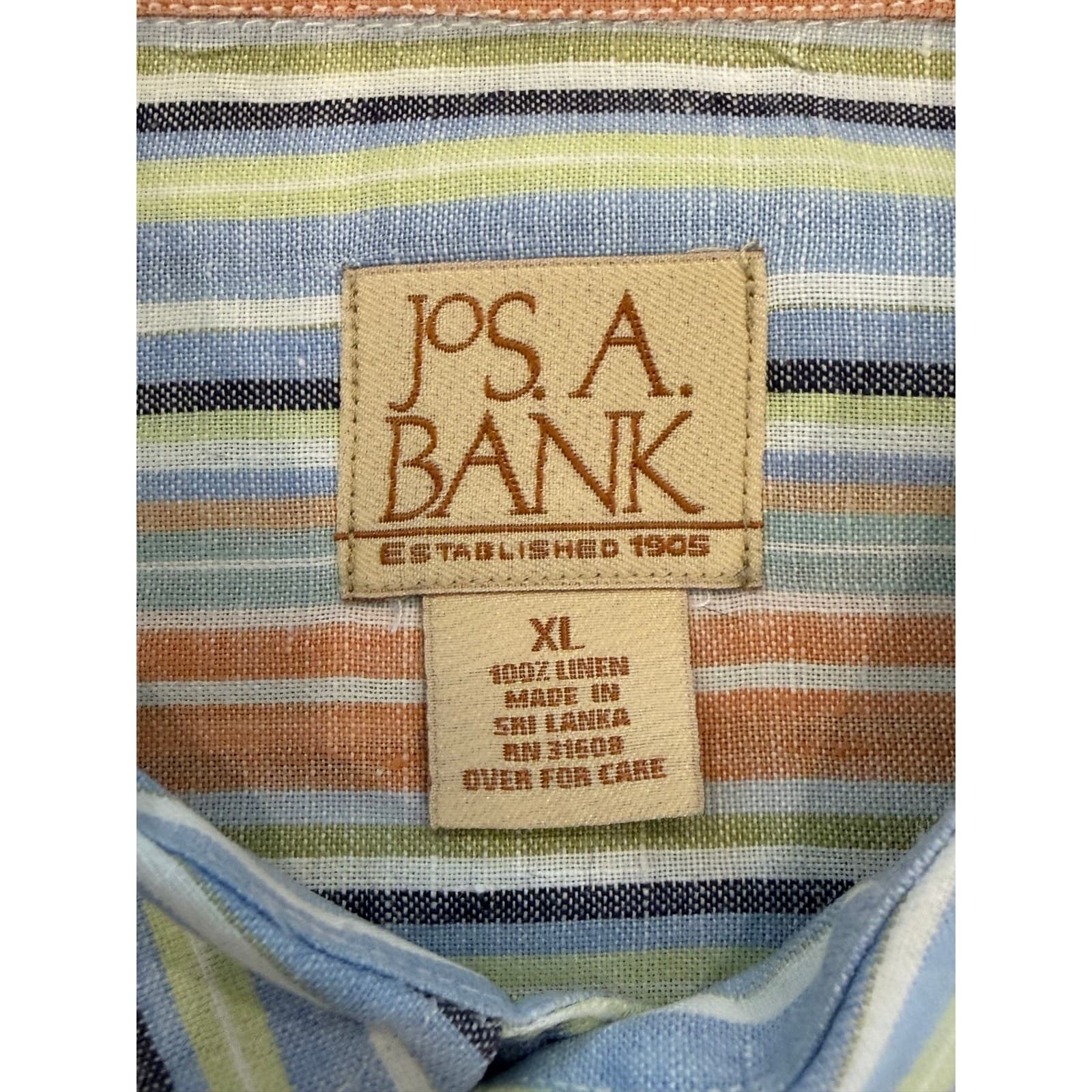 Jos. A. Bank XL 100% Linen Shirt Blue Orange Striped Short Sleeve Button Up - Thumbnail 5