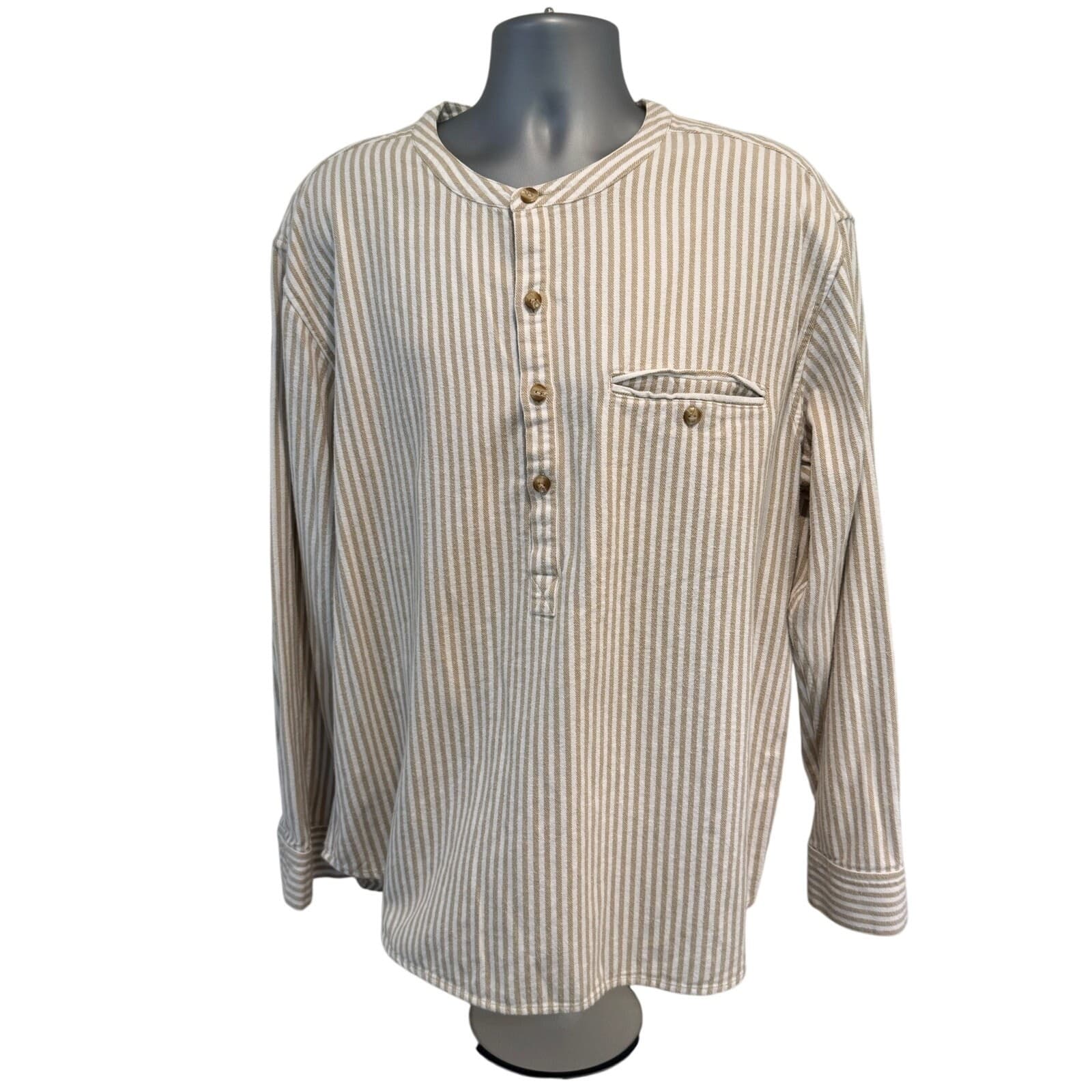 Madda Fella XL Tan White Stripe Long Sleeve Henley Shirt Cotton Key West