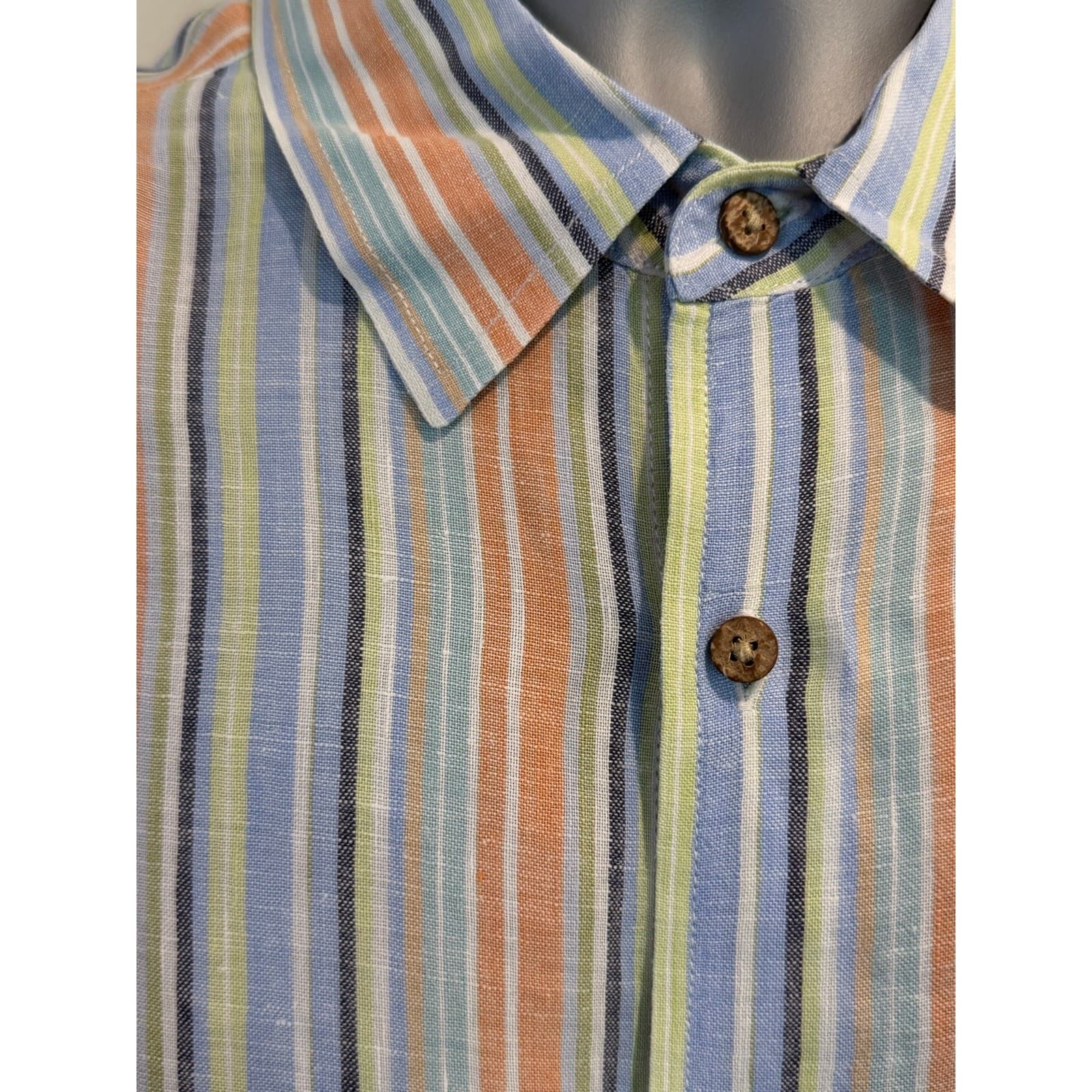 Jos. A. Bank XL 100% Linen Shirt Blue Orange Striped Short Sleeve Button Up - Thumbnail 2