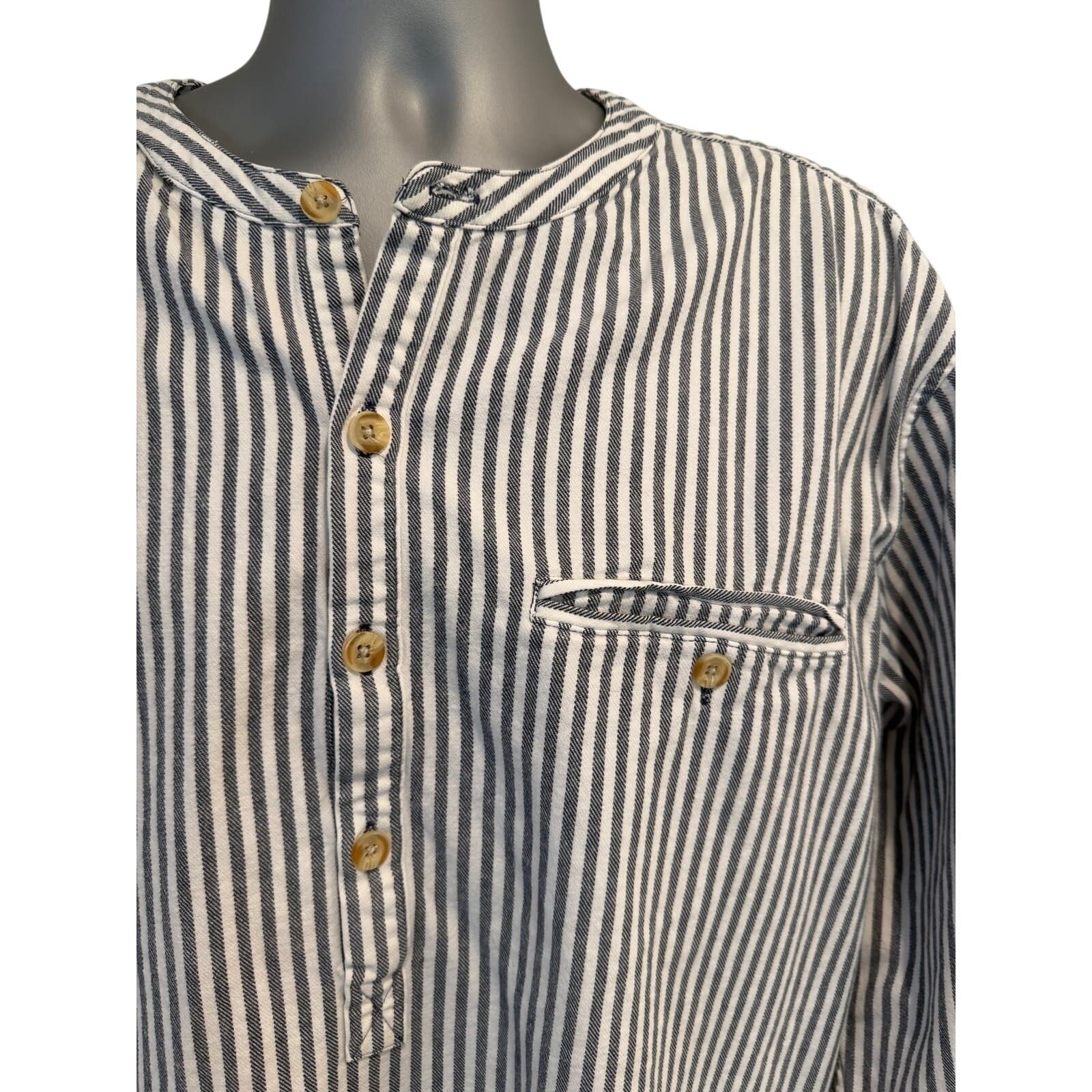 Madda Fella Men's XL Black White Striped Henley Shirt 100% Cotton Long Sleeve - Thumbnail 2