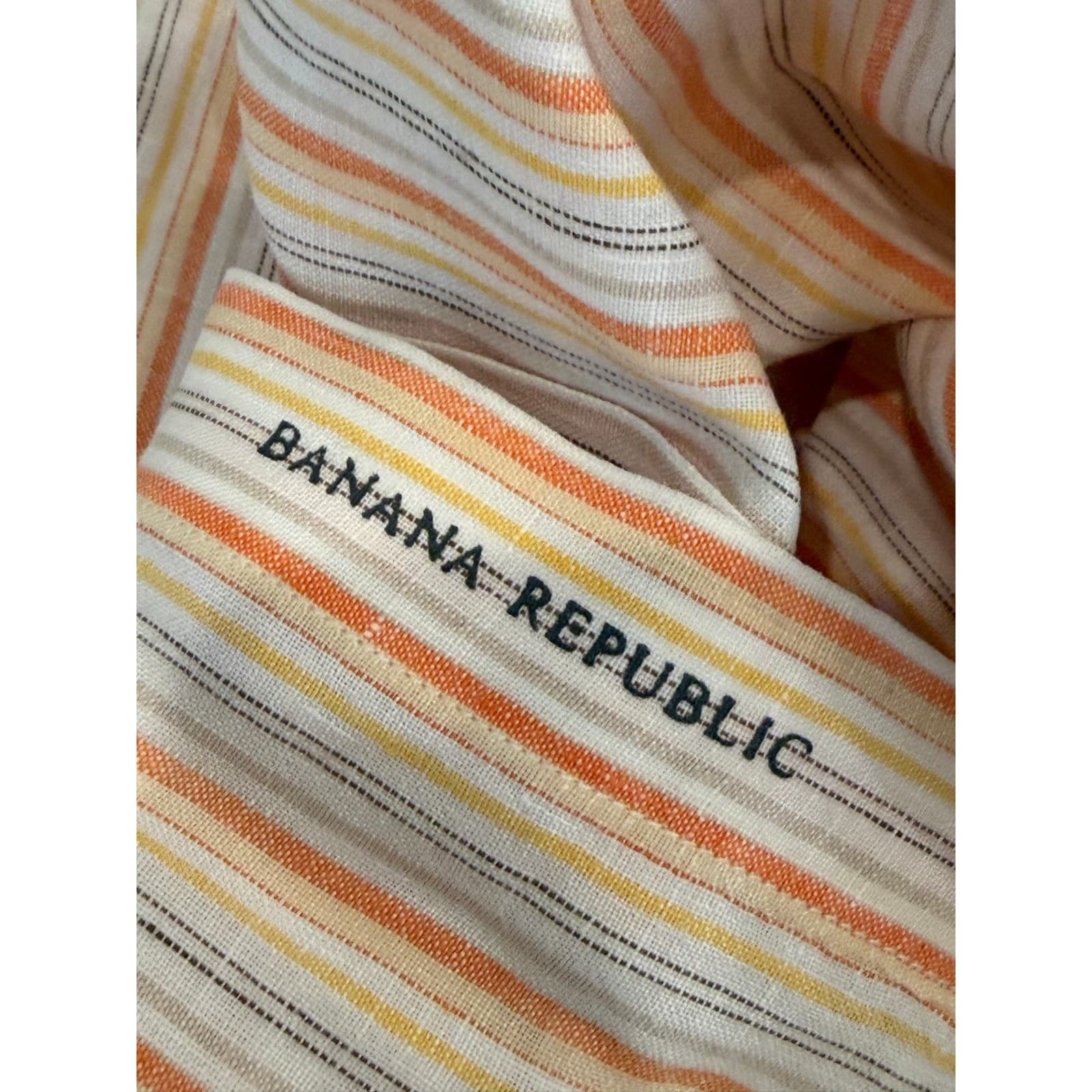 Banana Republic XL Linen Stripe Button Front Shirt Orange Yellow Long Sleeve - Thumbnail 9