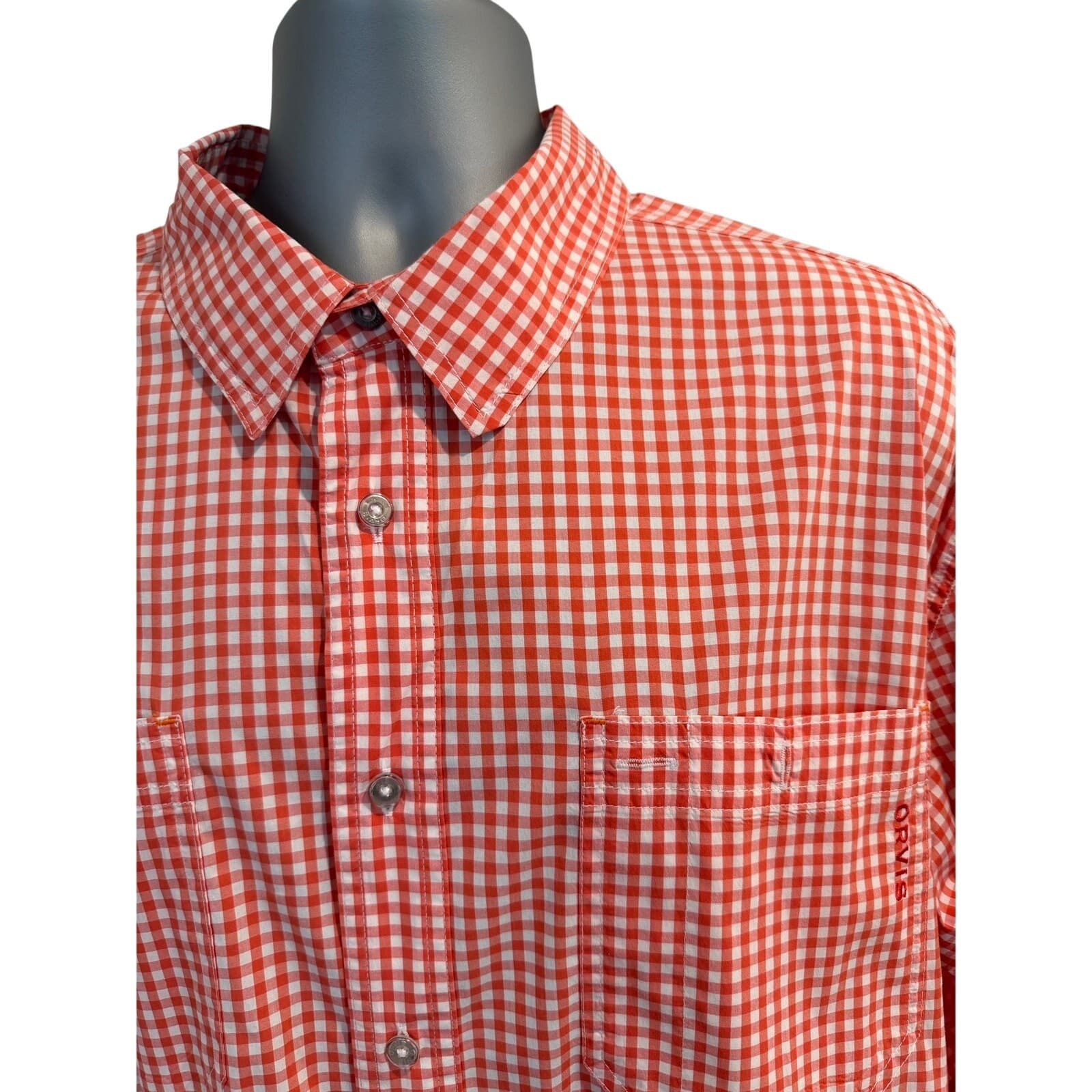Orvis Active Fit XL Orange White Gingham Button Front Fishing Shirt Mens XL - Thumbnail 2