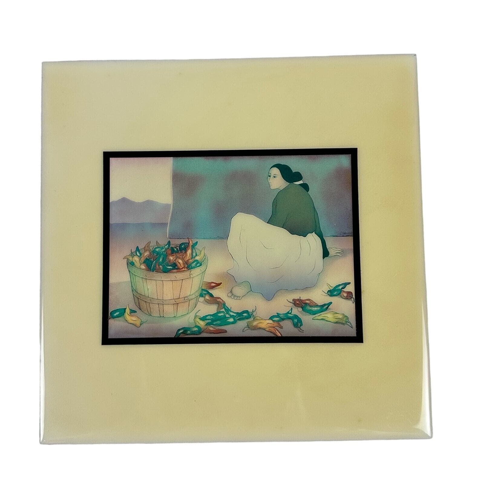 RC Gorman Tile Artist Navajo Hand Painted Tile "Chile Picker"-Rare Blue 2968/RG - Thumbnail 2