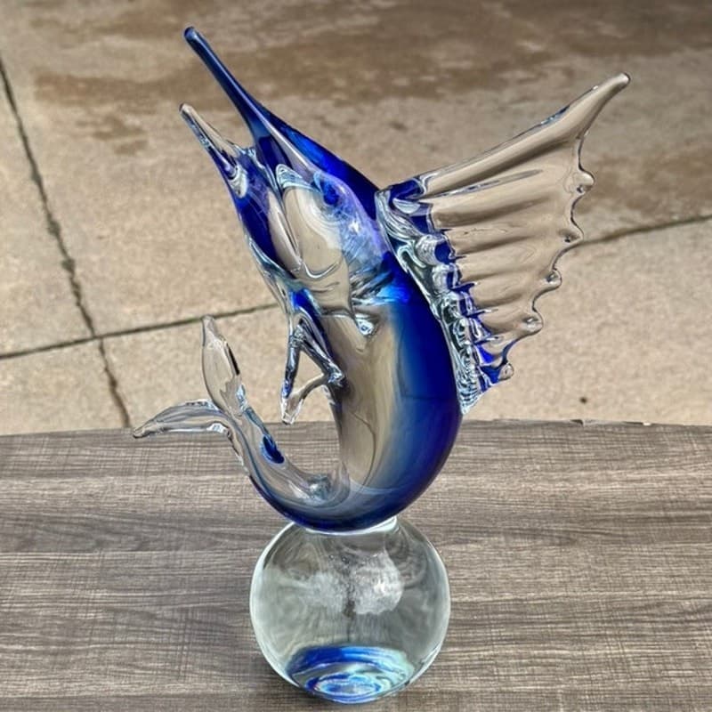 Signed Quidio Hand Blown Art Glass Sailfish Marlin Sculpture Cobalt Blue 13.5" - Thumbnail 2