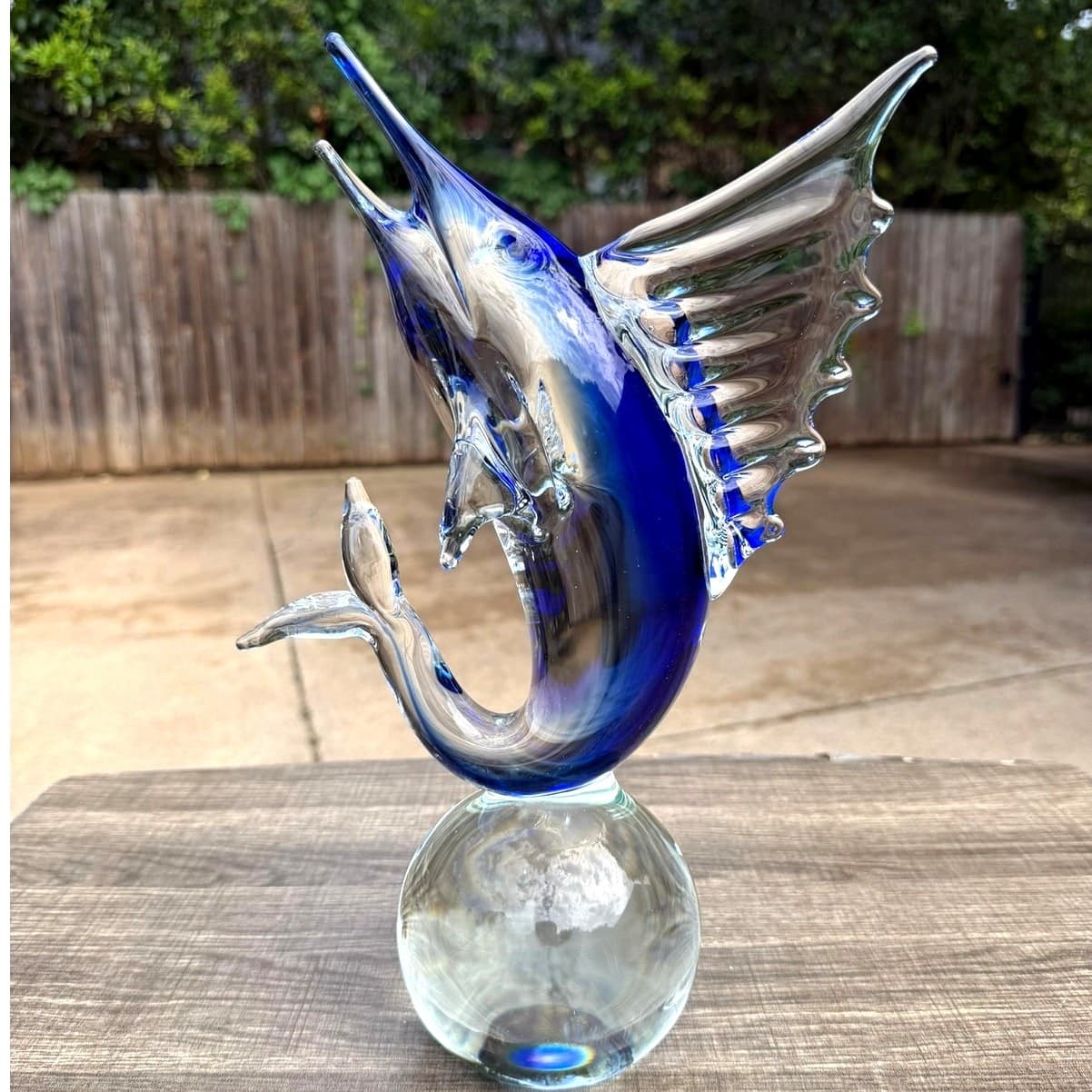 Signed Quidio Hand Blown Art Glass Sailfish Marlin Sculpture Cobalt Blue 13.5"