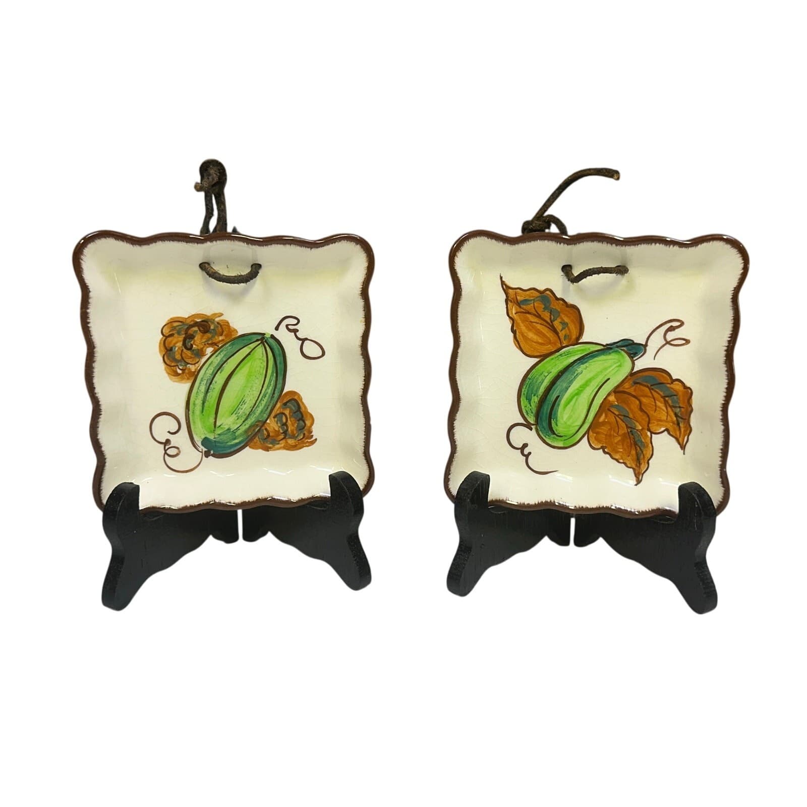 Decora Ceramics CA Vintage 1940's Square Hand Painted Brown Trim Dish-Set of 2
