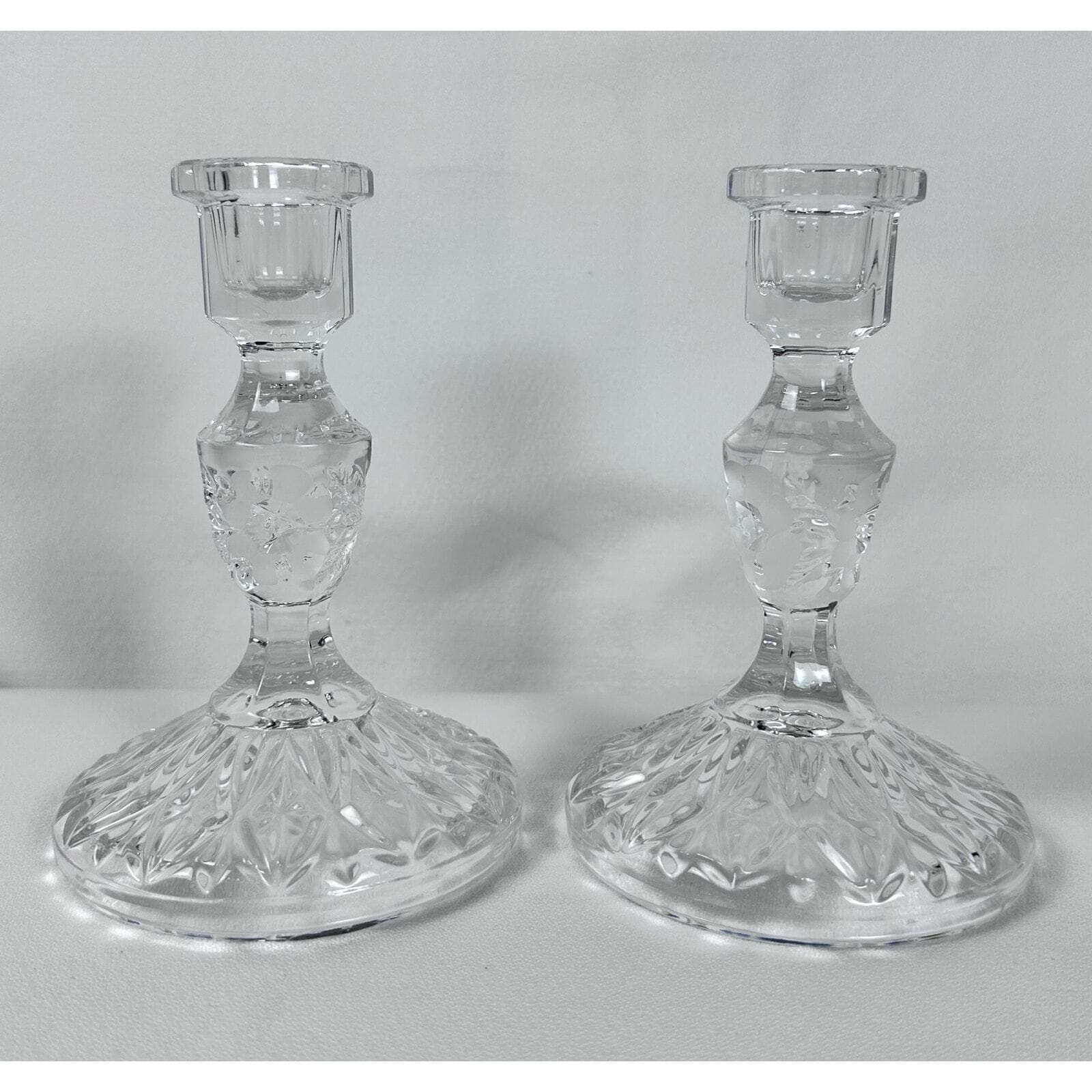 Exquisite Pair Pressed Glass Candlesticks W/ Frosted Accents Vintage EX