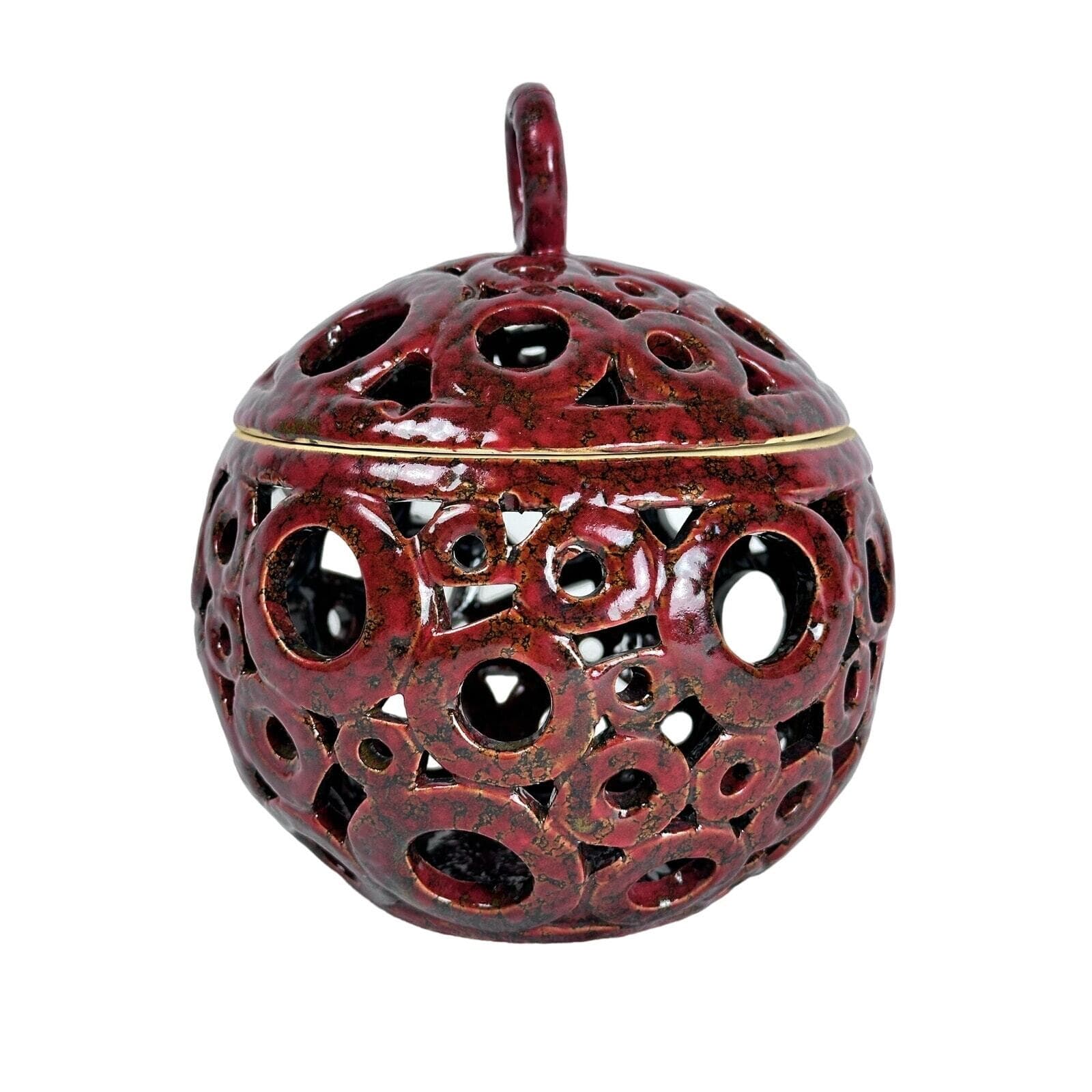 Ceramic Pottery Pierced Ball Candle Incense Holder Vintage “4193F” Mark. Repair - Thumbnail 2