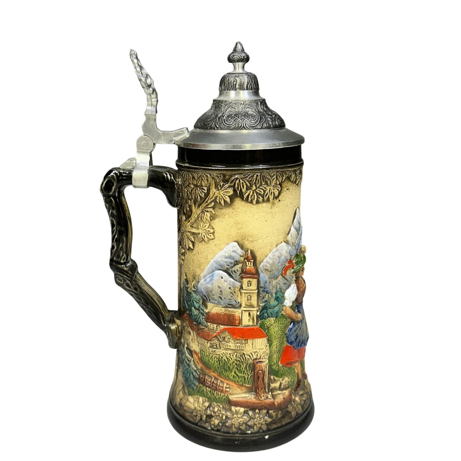 Handarbeit German 9" Vintage Beer Stein with Pewter Lid-Excellent - Thumbnail 3