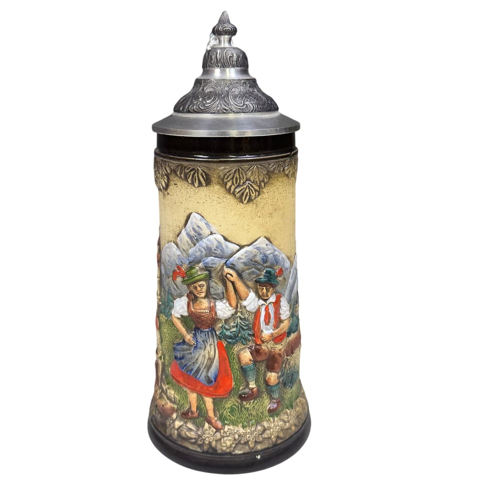 Handarbeit German 9" Vintage Beer Stein with Pewter Lid-Excellent - Thumbnail 2