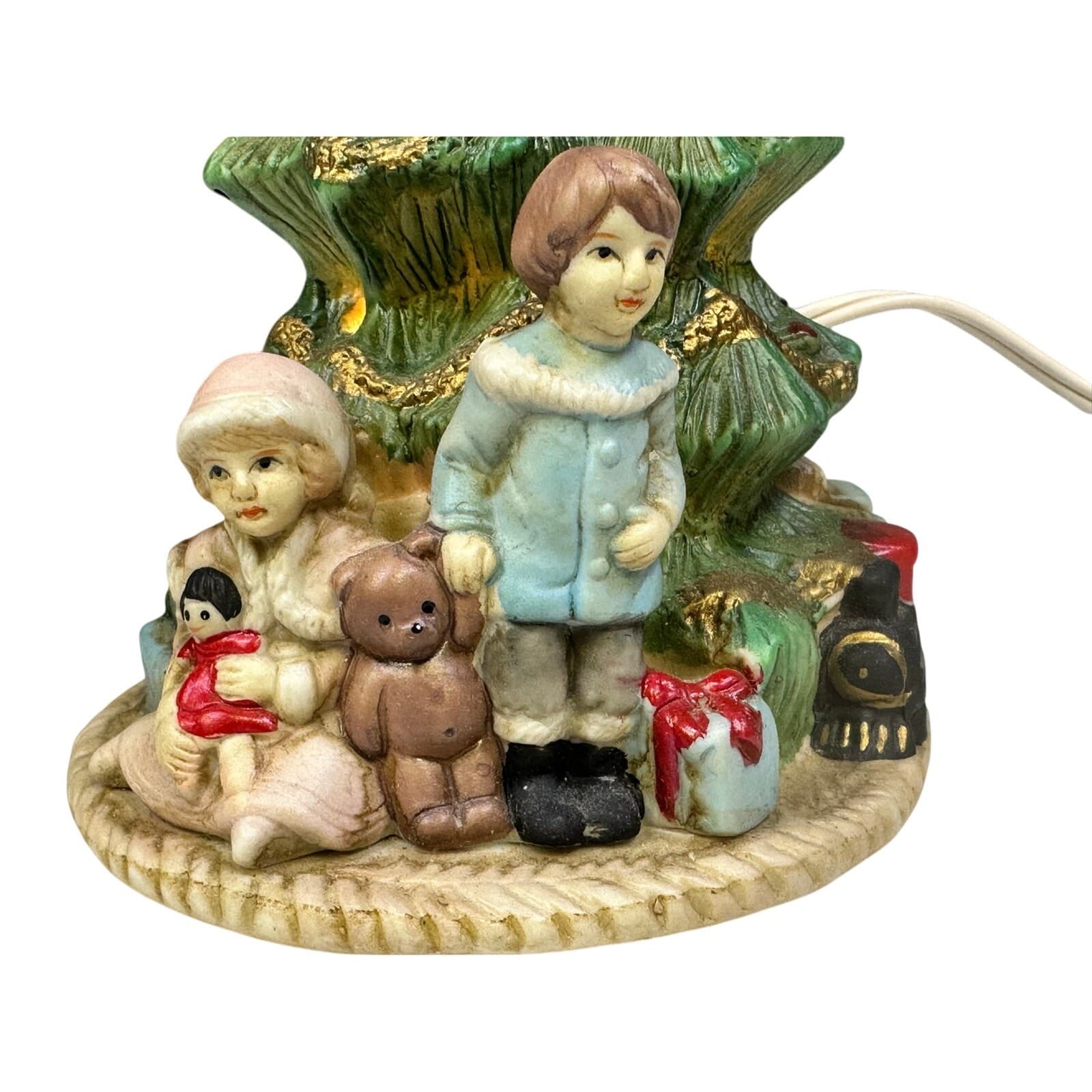 Vintage Porcelain Christmas Tree Boy Girl Teddy Bear Presents 7" Night Light - Thumbnail 2