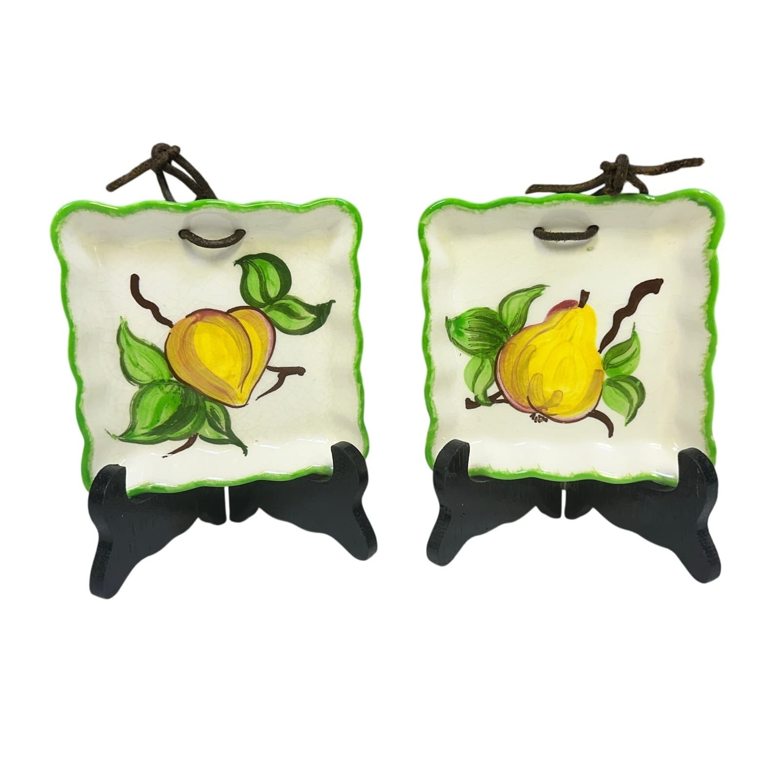 Decora Ceramics CA Vintage 1940's Square Hand Painted Green Trim Dish-Set of 2