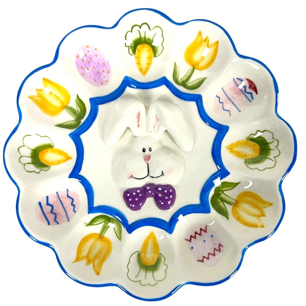 Bunny Rabbit 10" Whimsical Deviled Egg Tray Easter Eggs Carrots Tulips!