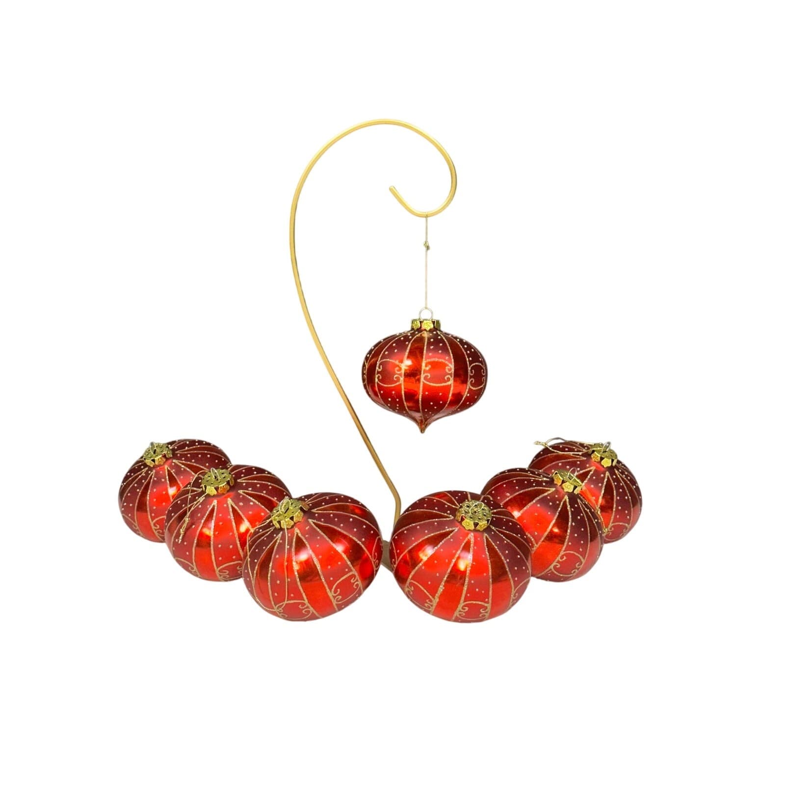 Elegant Blown Glass Red Gold Glitter 4" Teardrop Christmas Ornaments-Set of 7