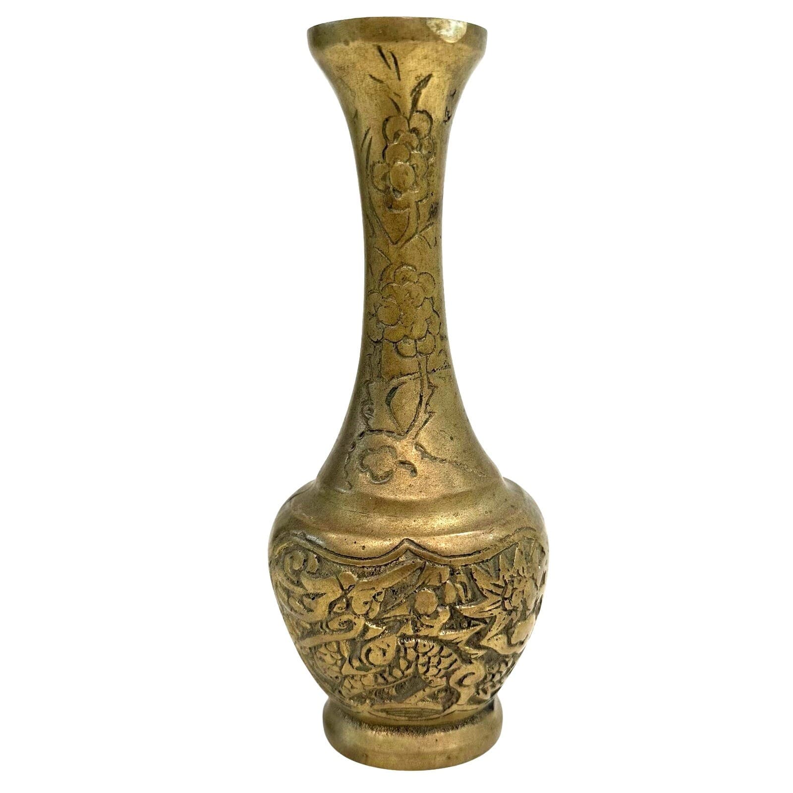 Solid Brass Dragon Motif Bud Vase Vintage 6-1/2 " Tall