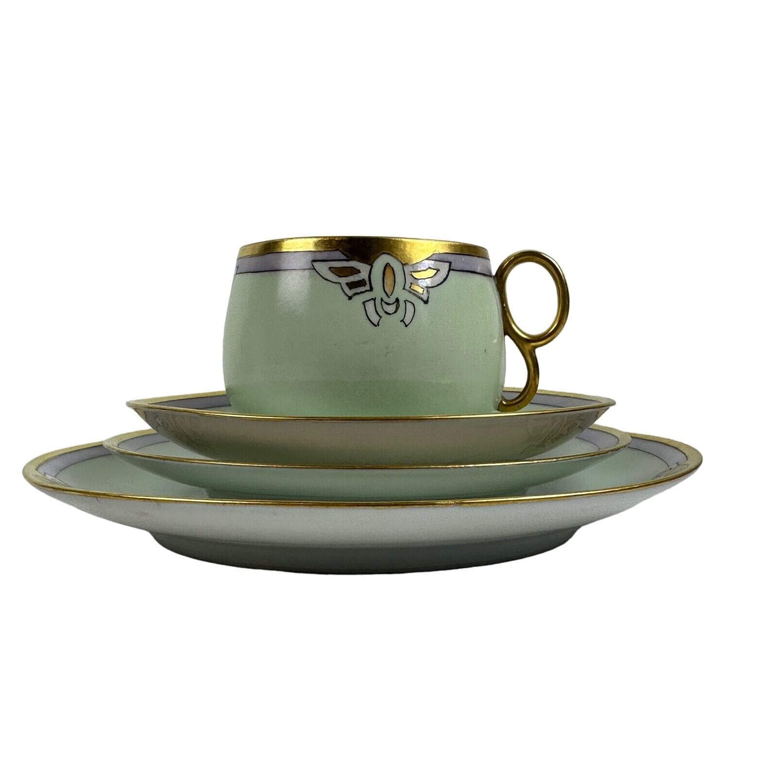 Art Nouveau Thomas Bavaria 4 Piece Luncheon Set Light Green w/Purple & Gold Rim - Thumbnail 2