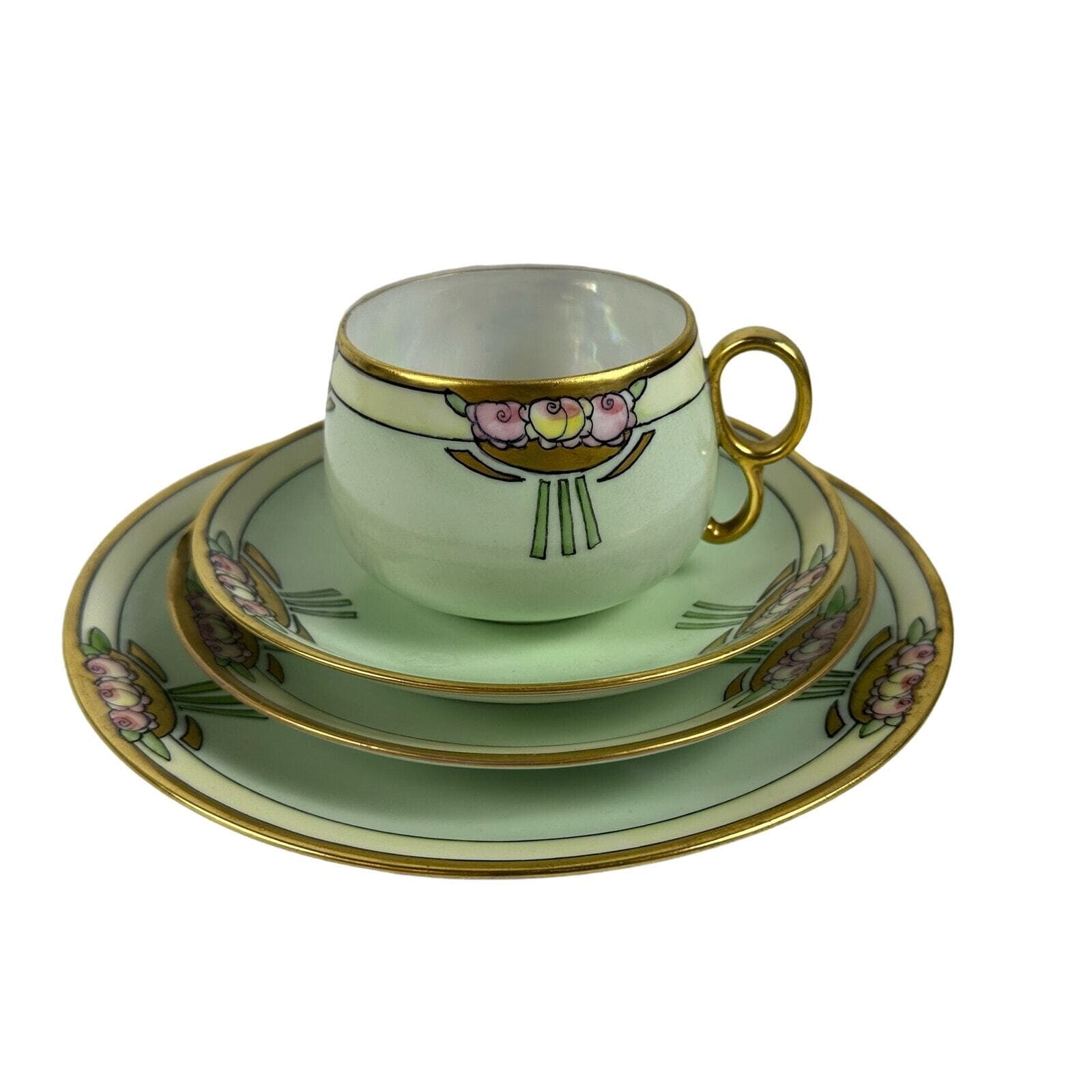 Art Neuveau Thomas Bavaria 4 Piece Luncheon Set Mint Green & Pink Floral Repair - Thumbnail 2