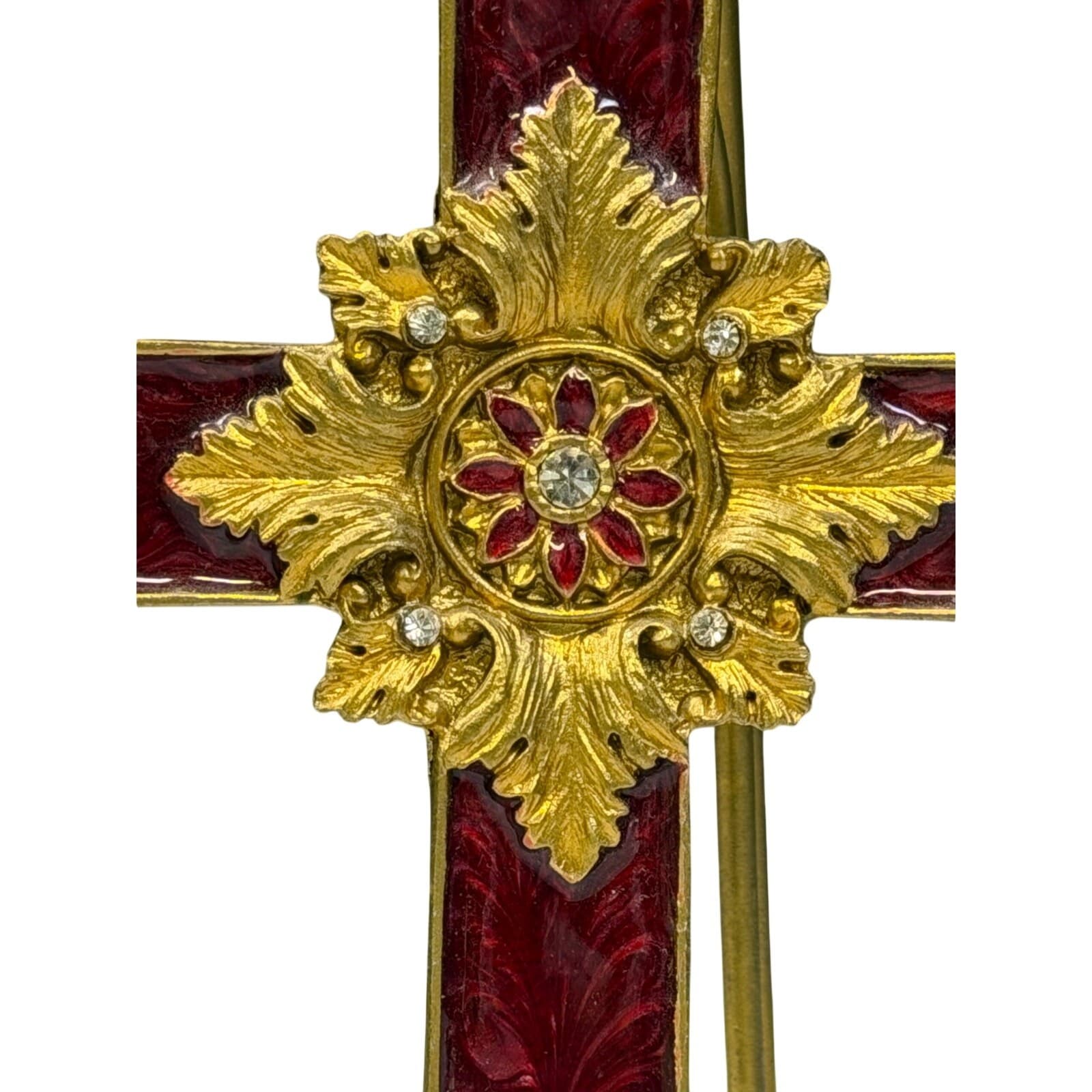 Red Enamel & Gold Ornamental Hanging Cross on Gold Metal Stand - Thumbnail 6