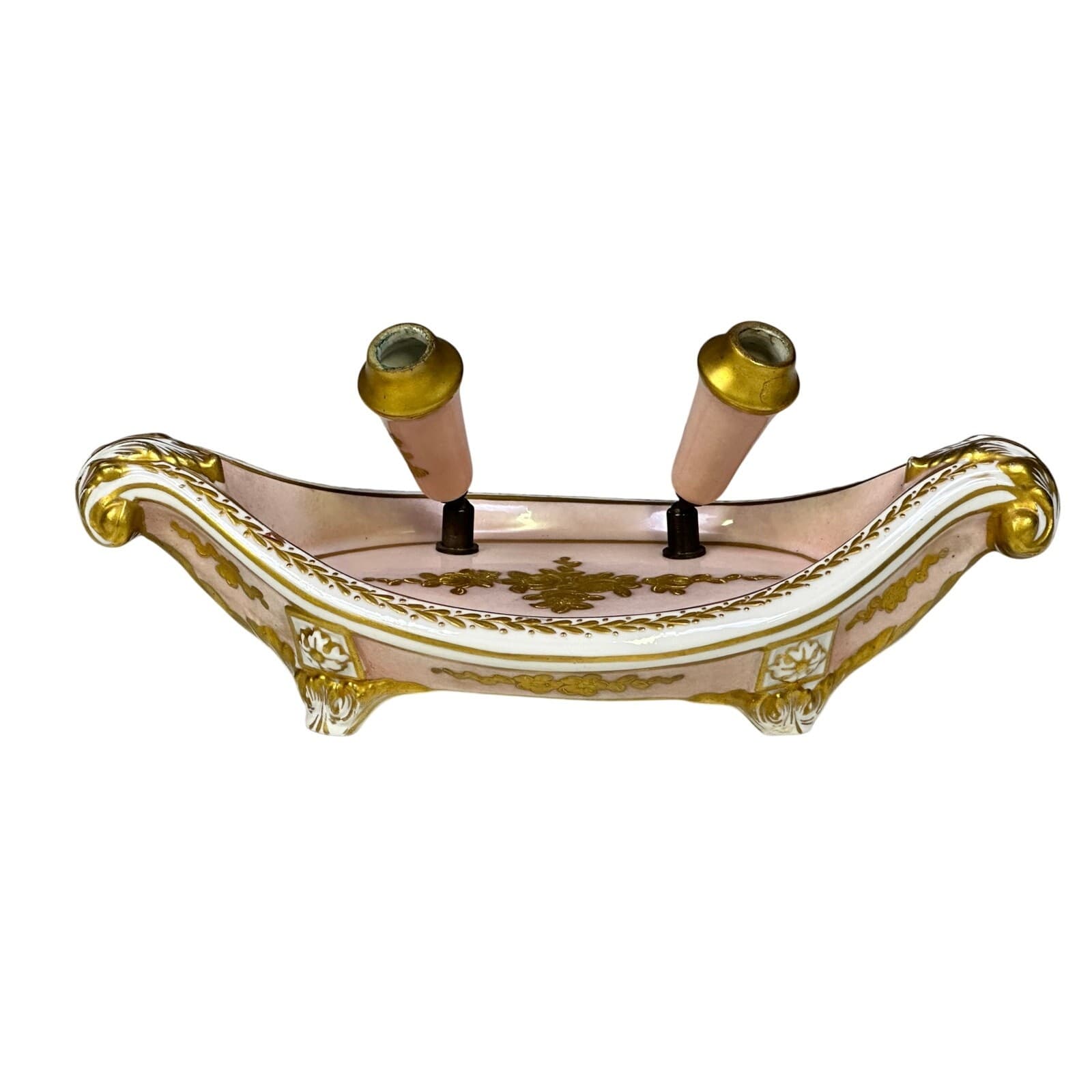 Carlin Comforts France Antique Pink Porcelain Gold Accented Pen Holder Desk Set