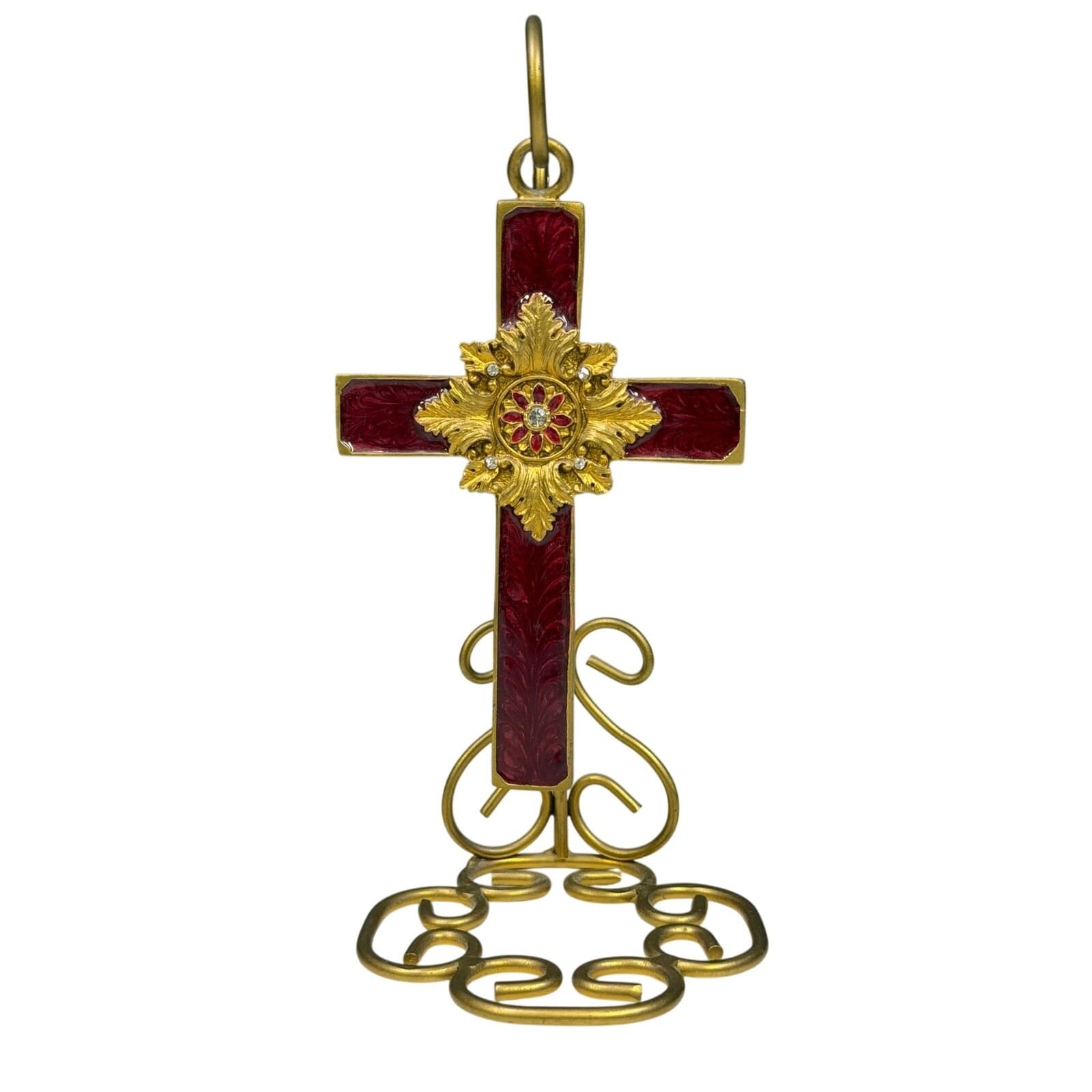 Red Enamel & Gold Ornamental Hanging Cross on Gold Metal Stand