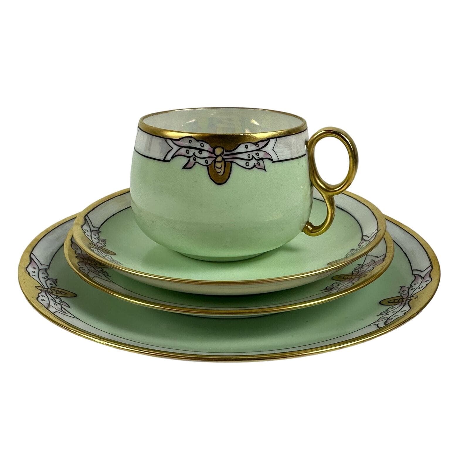 Art Nouveau Thomas Bavaria 4 Piece Luncheon Set Light Apple Green & Butterfly - Thumbnail 11