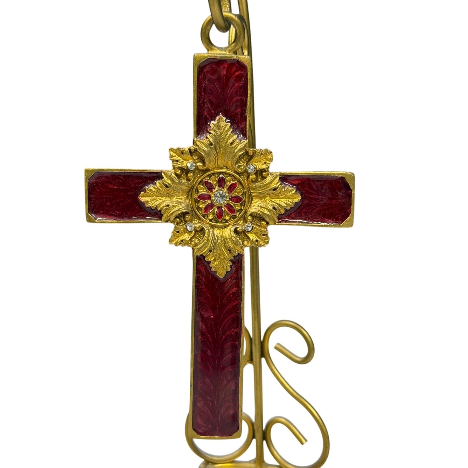 Red Enamel & Gold Ornamental Hanging Cross on Gold Metal Stand - Thumbnail 5