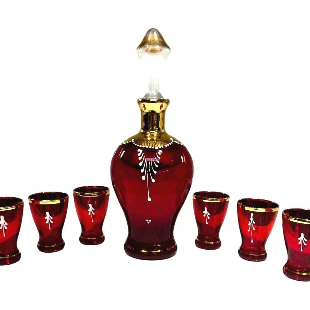Bohemian Antique Cranberry Glass Gold Decanter Shot Glass Set Hand Painted-Rare - Thumbnail 2