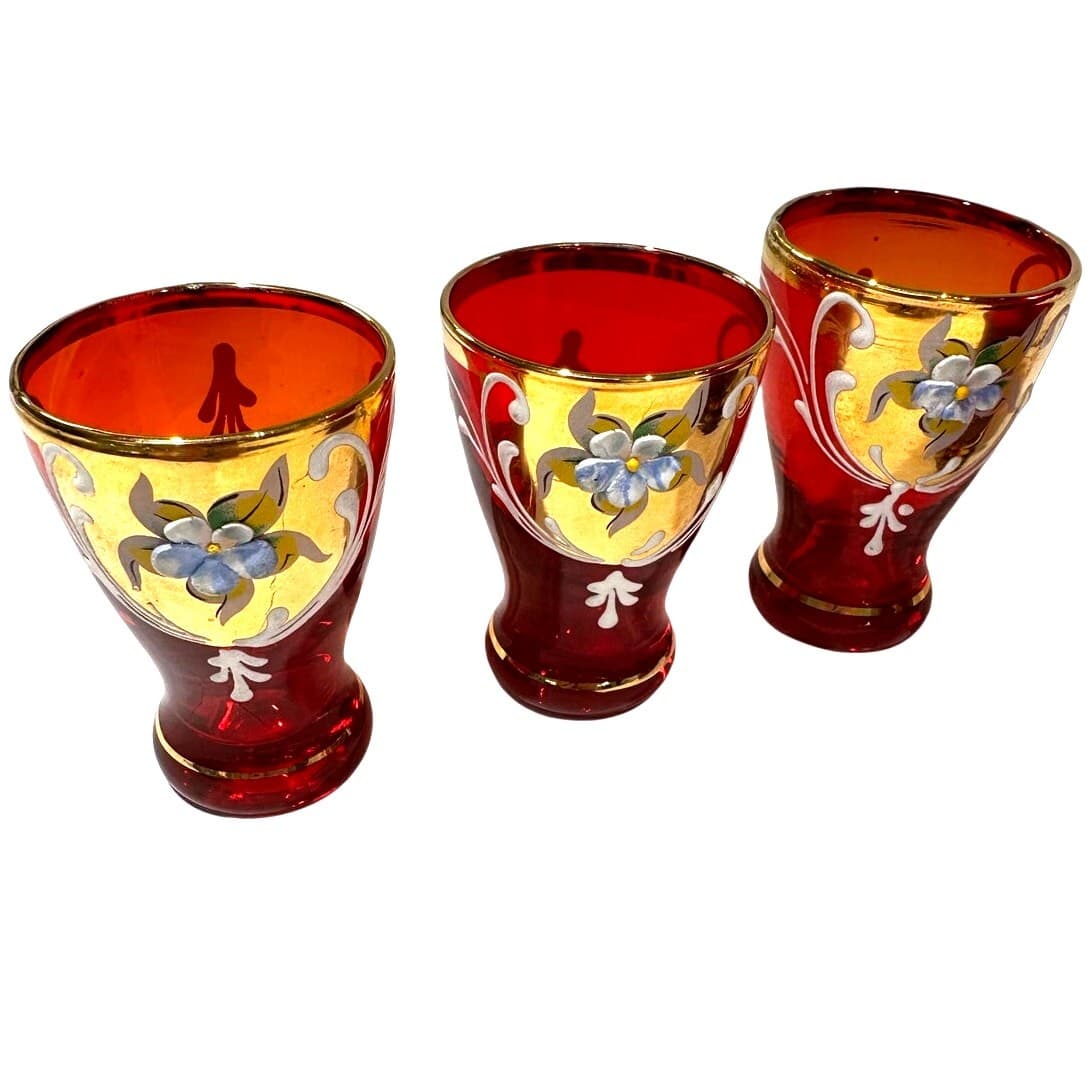 Bohemian Antique Cranberry Glass Gold Decanter Shot Glass Set Hand Painted-Rare - Thumbnail 3