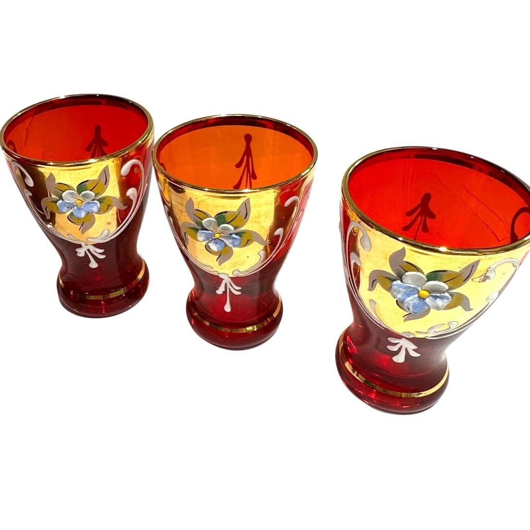 Bohemian Antique Cranberry Glass Gold Decanter Shot Glass Set Hand Painted-Rare - Thumbnail 5