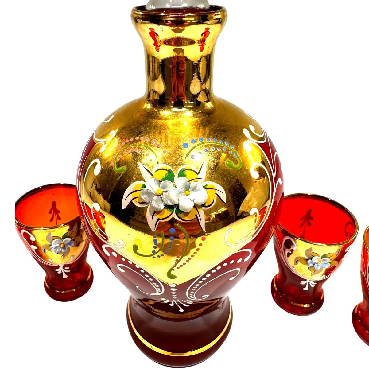 Bohemian Antique Cranberry Glass Gold Decanter Shot Glass Set Hand Painted-Rare - Thumbnail 4