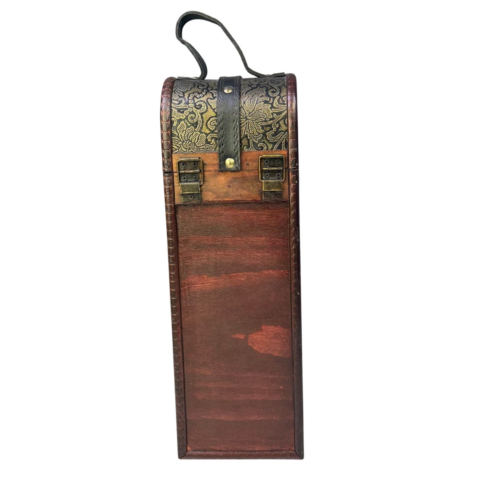 Wood Embossed 14" Brown Wine Carrier Box with Leather Handle - Thumbnail 3