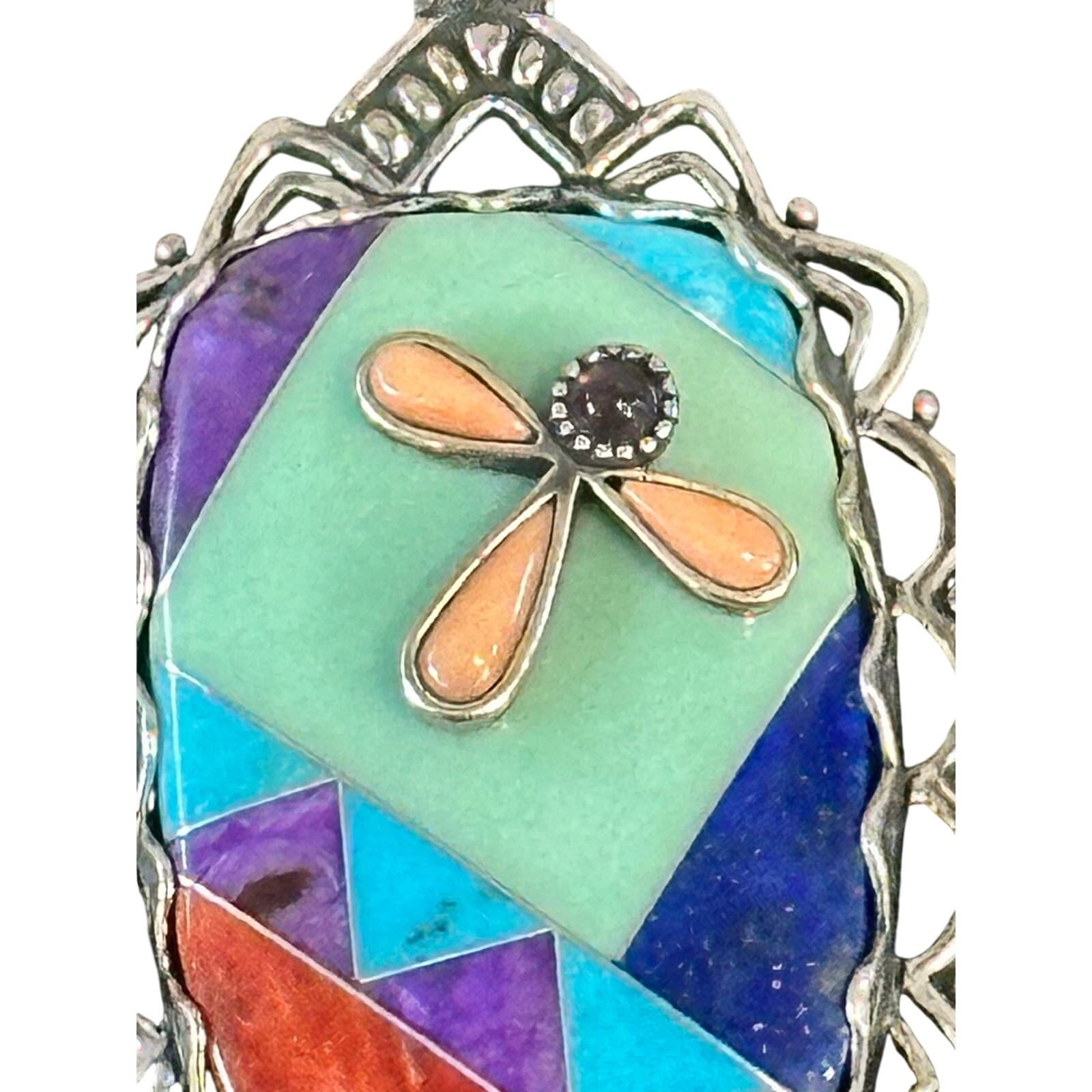 Carolyn Pollack Sterling Multi Gemstone Vintage Dragonfly Pendant Enhancer - Thumbnail 2