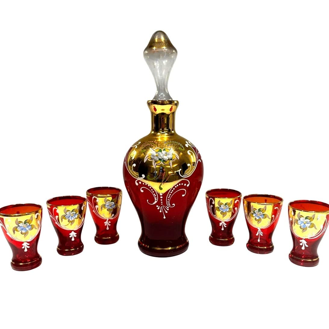 Bohemian Antique Cranberry Glass Gold Decanter Shot Glass Set Hand Painted-Rare