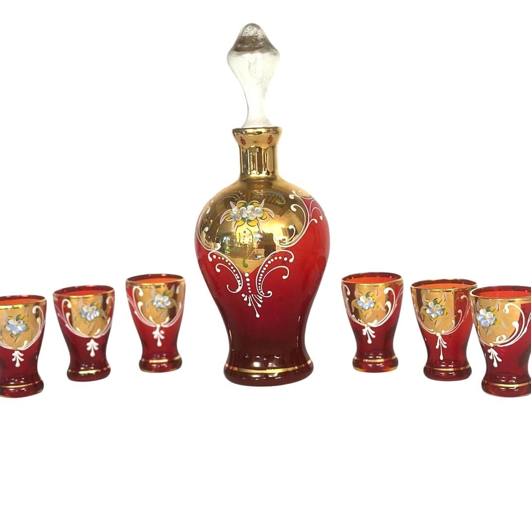 Bohemian Antique Cranberry Glass Gold Decanter Shot Glass Set Hand Painted-Rare - Thumbnail 9