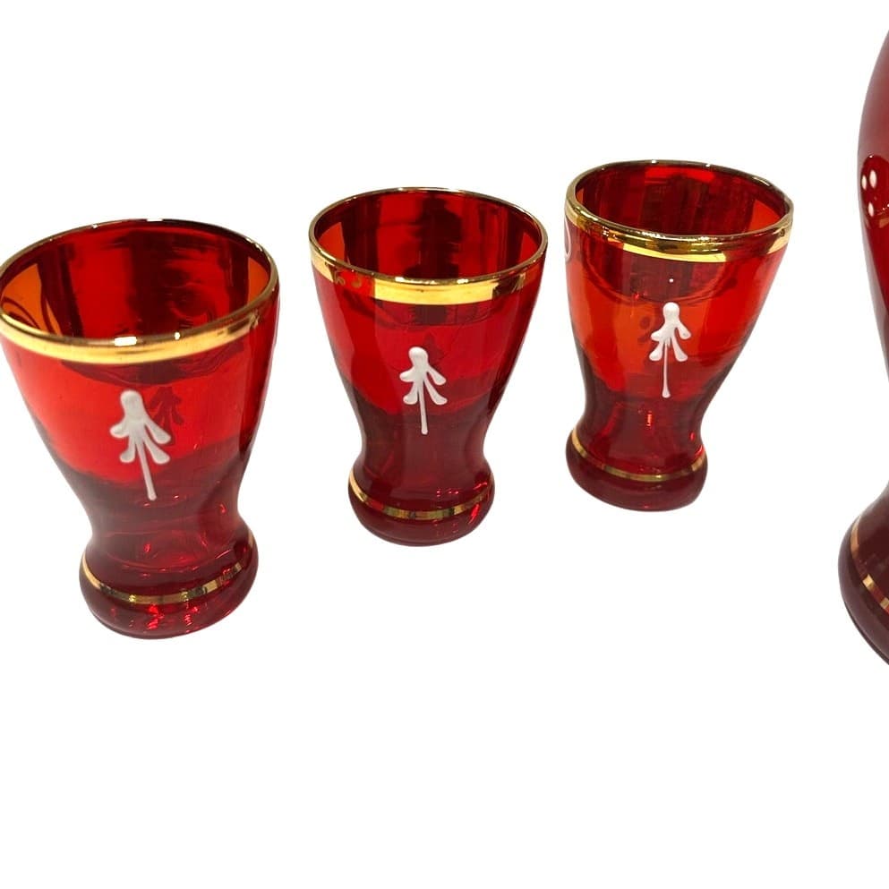 Bohemian Antique Cranberry Glass Gold Decanter Shot Glass Set Hand Painted-Rare - Thumbnail 6