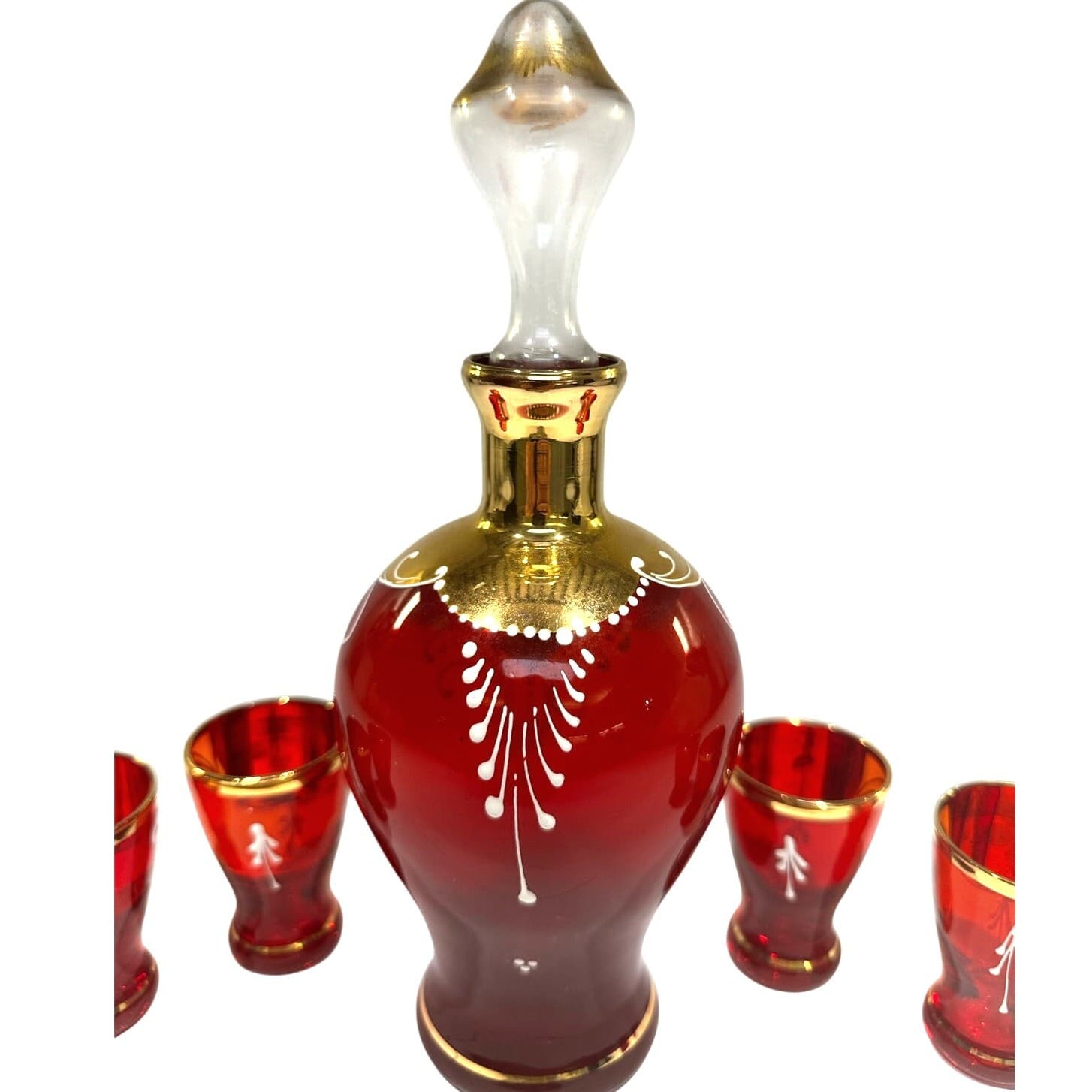 Bohemian Antique Cranberry Glass Gold Decanter Shot Glass Set Hand Painted-Rare - Thumbnail 11